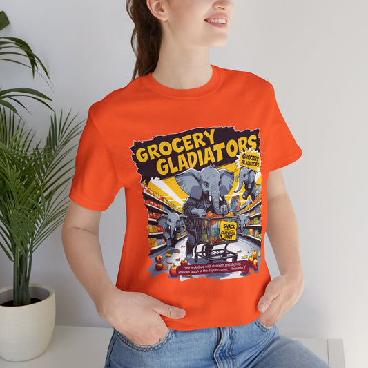 Grocery Gladiators T-shirt, Funny Elephant Mom, Comic Chaos, Parenting Humor