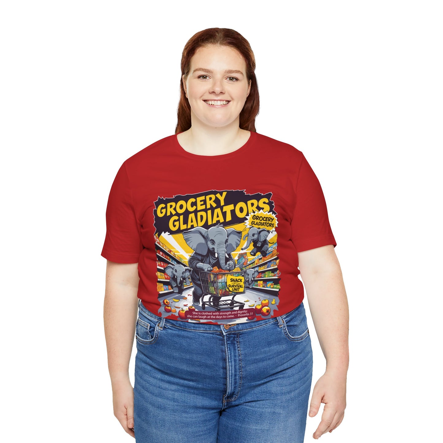 Grocery Gladiators T-shirt, Funny Elephant Mom, Comic Chaos, Parenting Humor