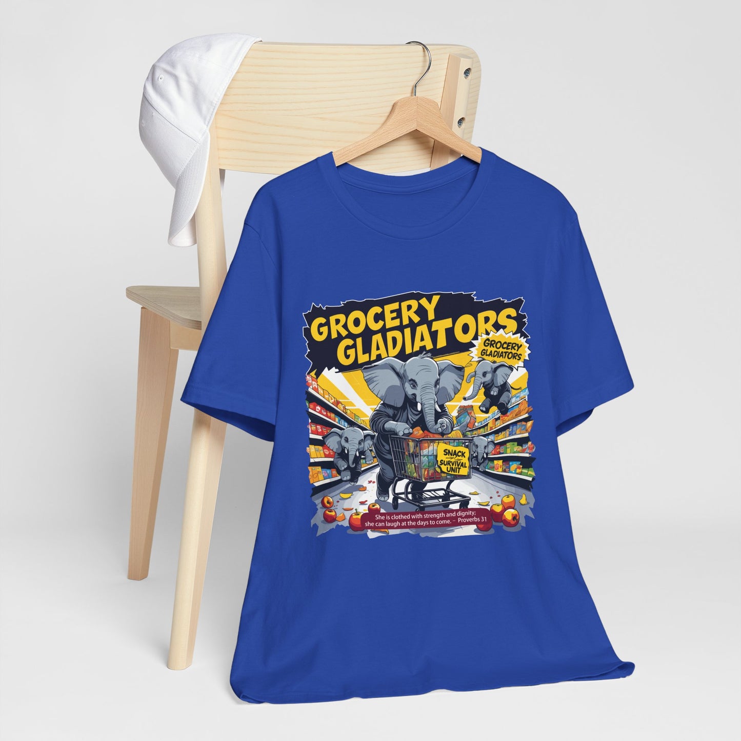 Grocery Gladiators T-shirt, Funny Elephant Mom, Comic Chaos, Parenting Humor