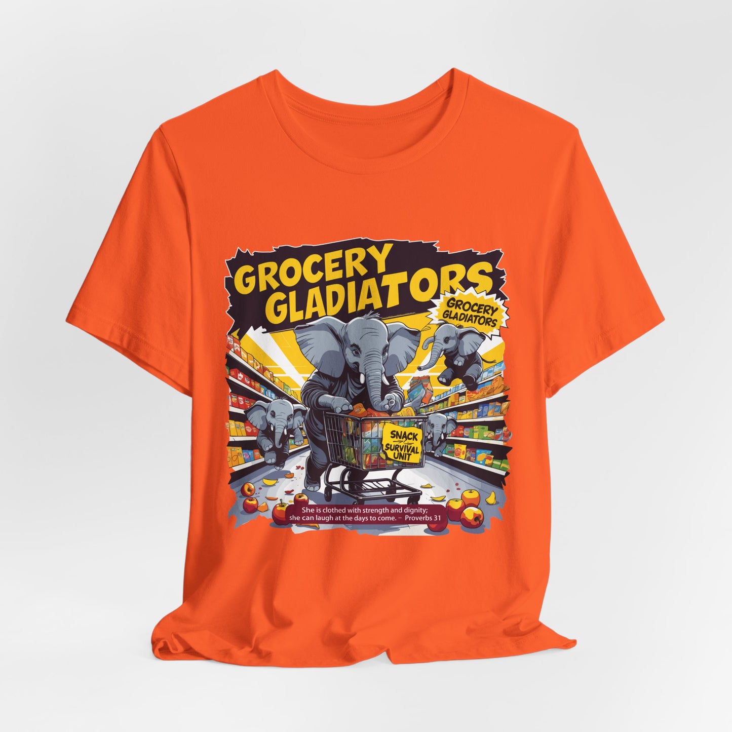 Grocery Gladiators T-shirt, Funny Elephant Mom, Comic Chaos, Parenting Humor