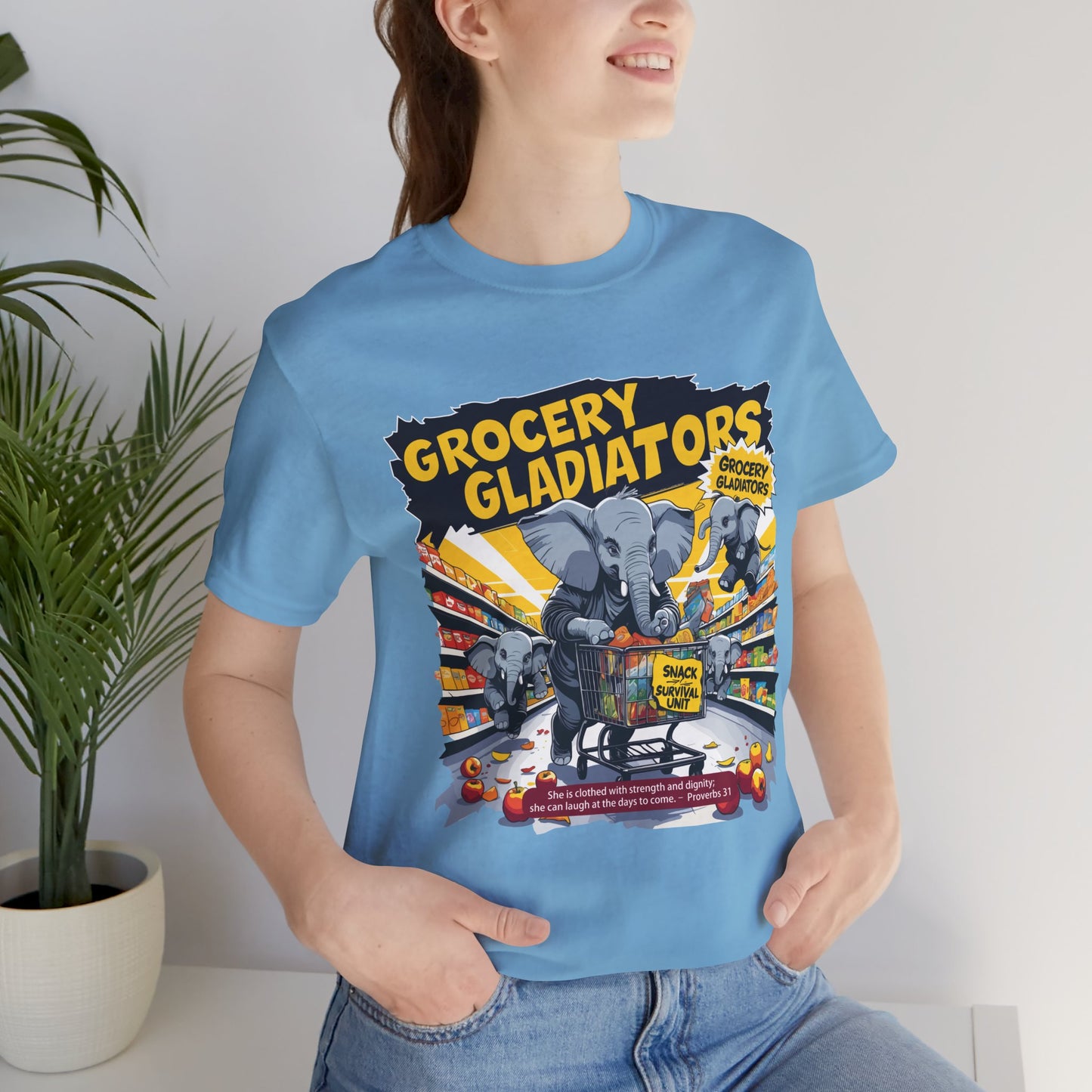 Grocery Gladiators T-shirt, Funny Elephant Mom, Comic Chaos, Parenting Humor