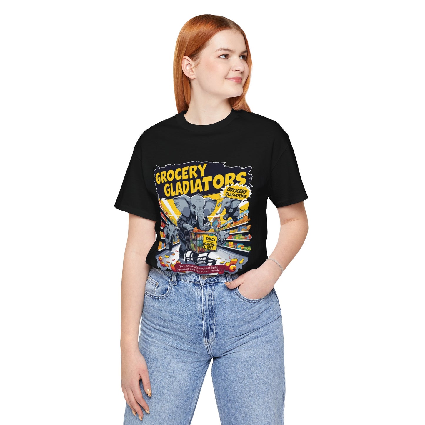 Grocery Gladiators T-shirt, Funny Elephant Mom, Comic Chaos, Parenting Humor