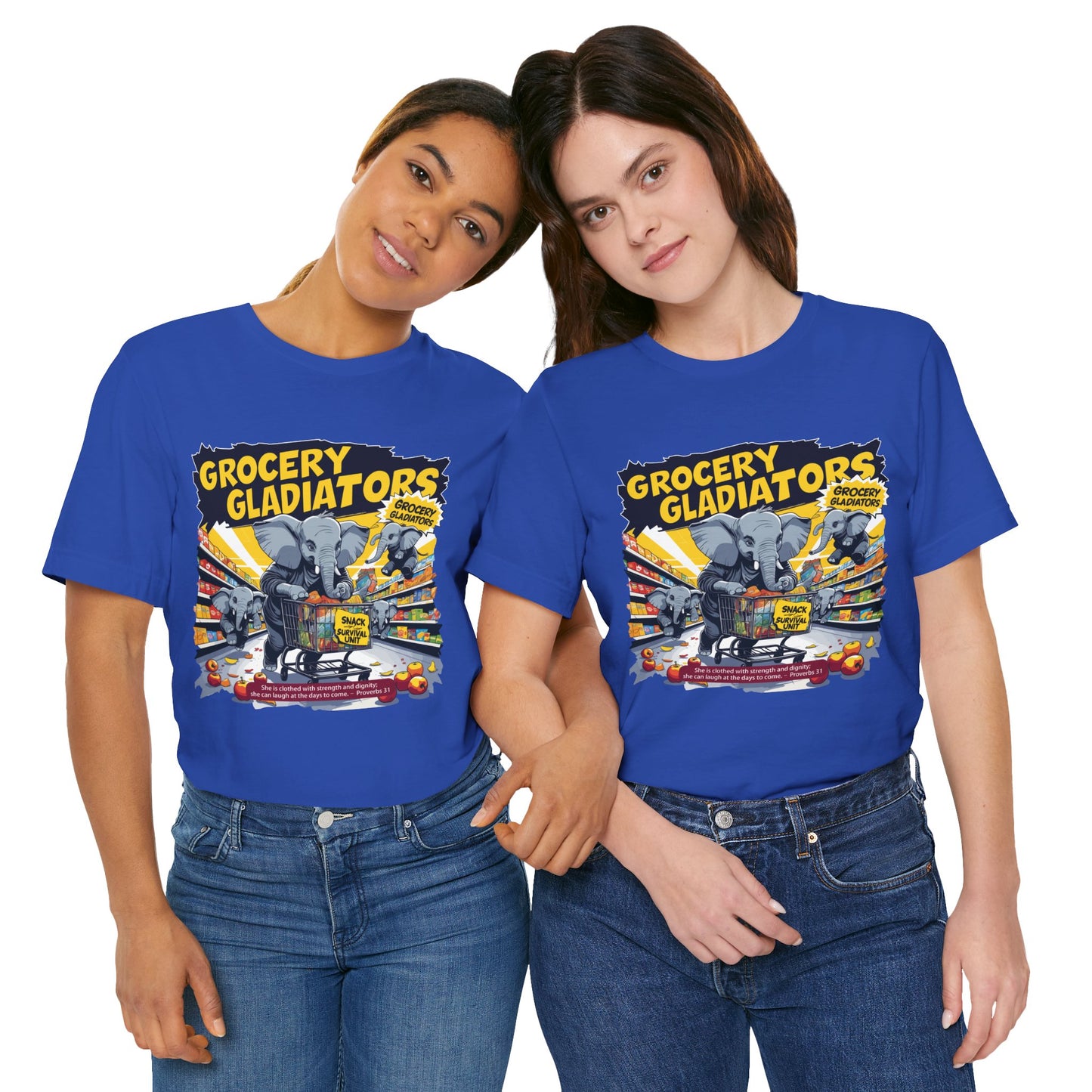 Grocery Gladiators T-shirt, Funny Elephant Mom, Comic Chaos, Parenting Humor