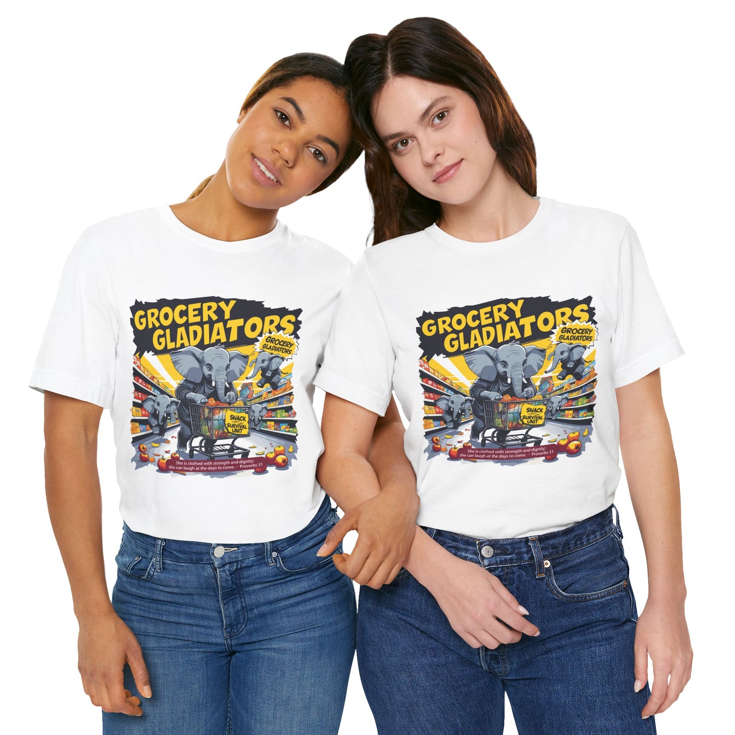 Grocery Gladiators T-shirt, Funny Elephant Mom, Comic Chaos, Parenting Humor