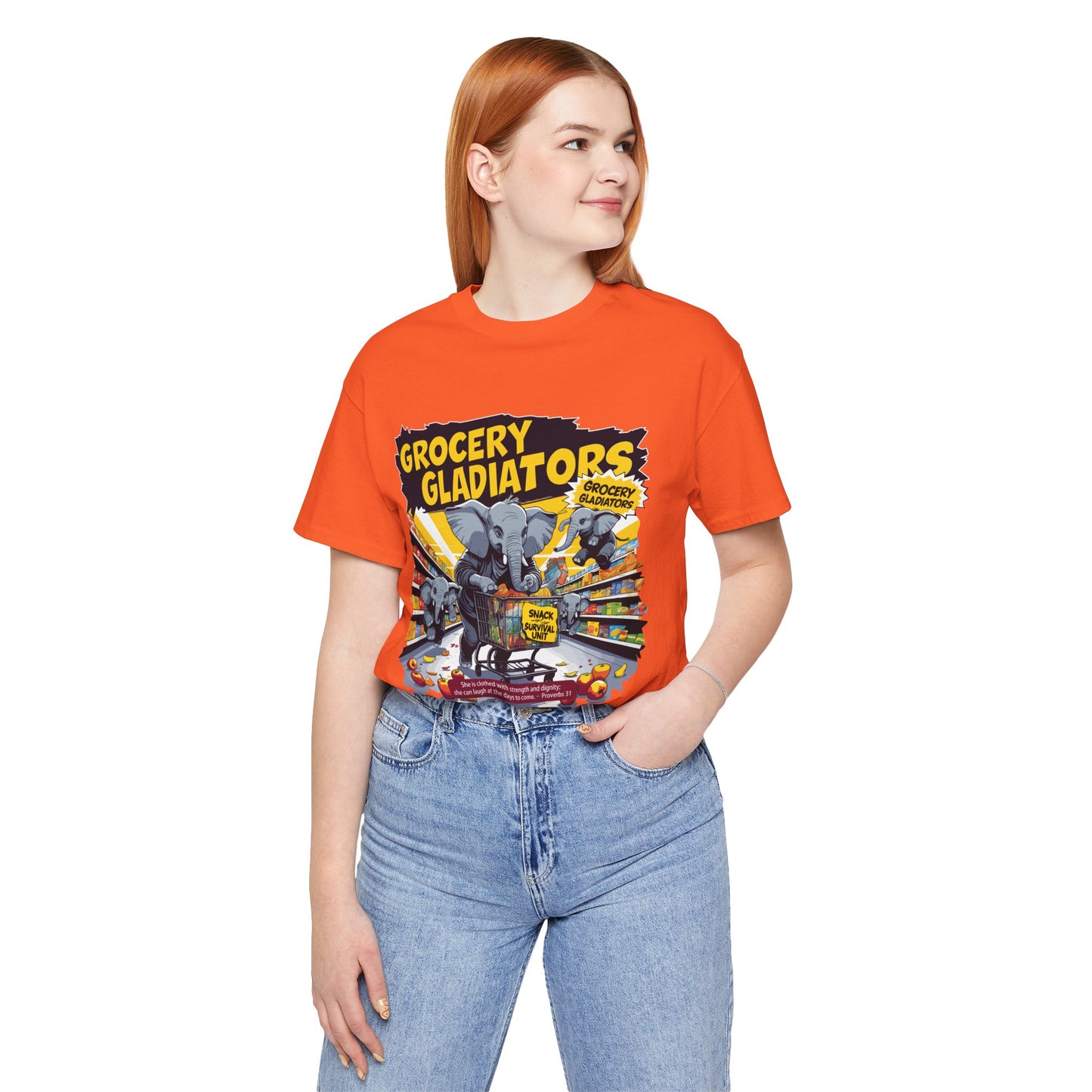 Grocery Gladiators T-shirt, Funny Elephant Mom, Comic Chaos, Parenting Humor
