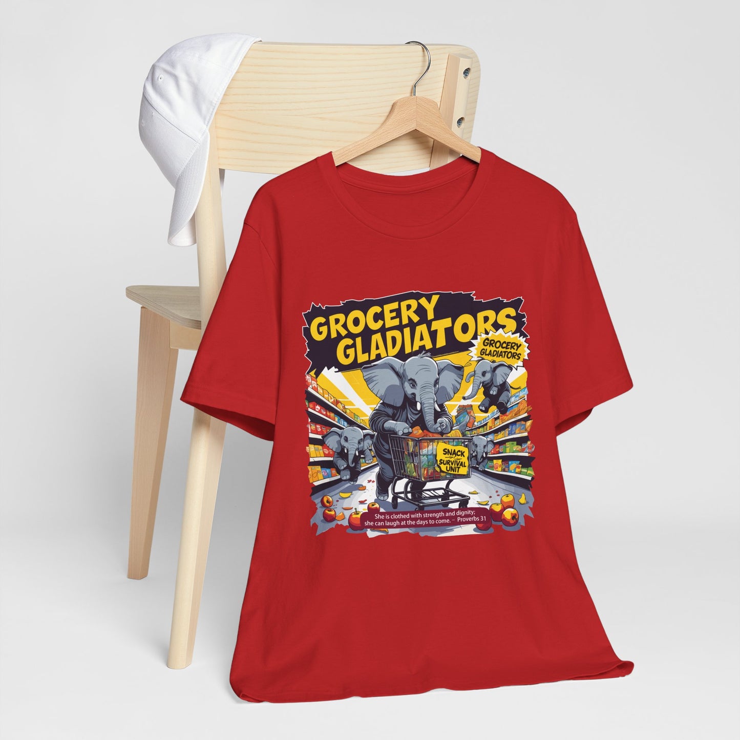 Grocery Gladiators T-shirt, Funny Elephant Mom, Comic Chaos, Parenting Humor