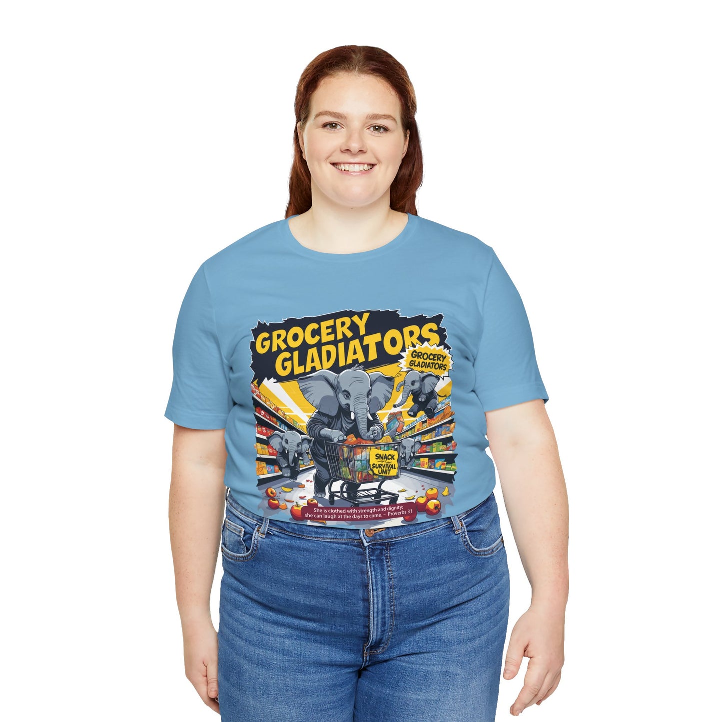 Grocery Gladiators T-shirt, Funny Elephant Mom, Comic Chaos, Parenting Humor