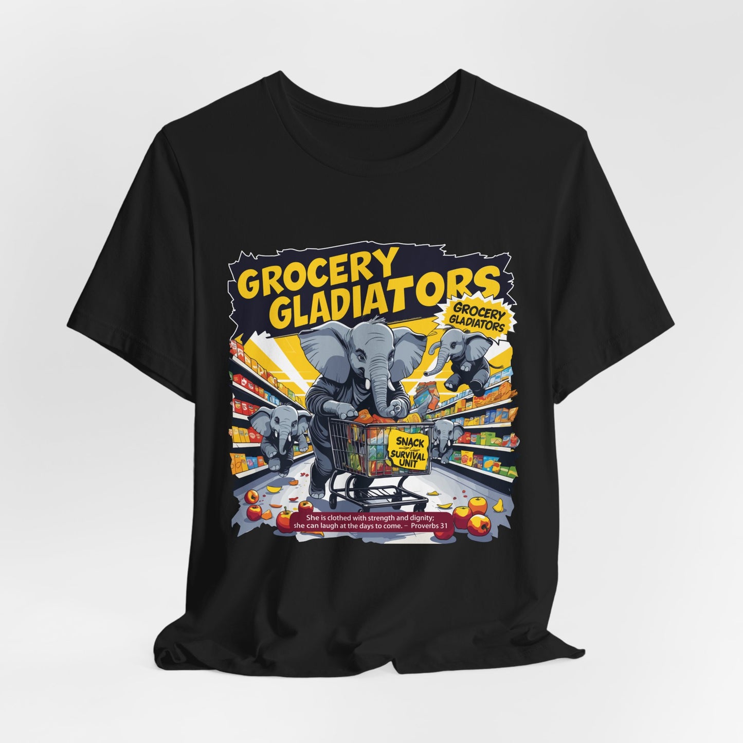 Grocery Gladiators T-shirt, Funny Elephant Mom, Comic Chaos, Parenting Humor