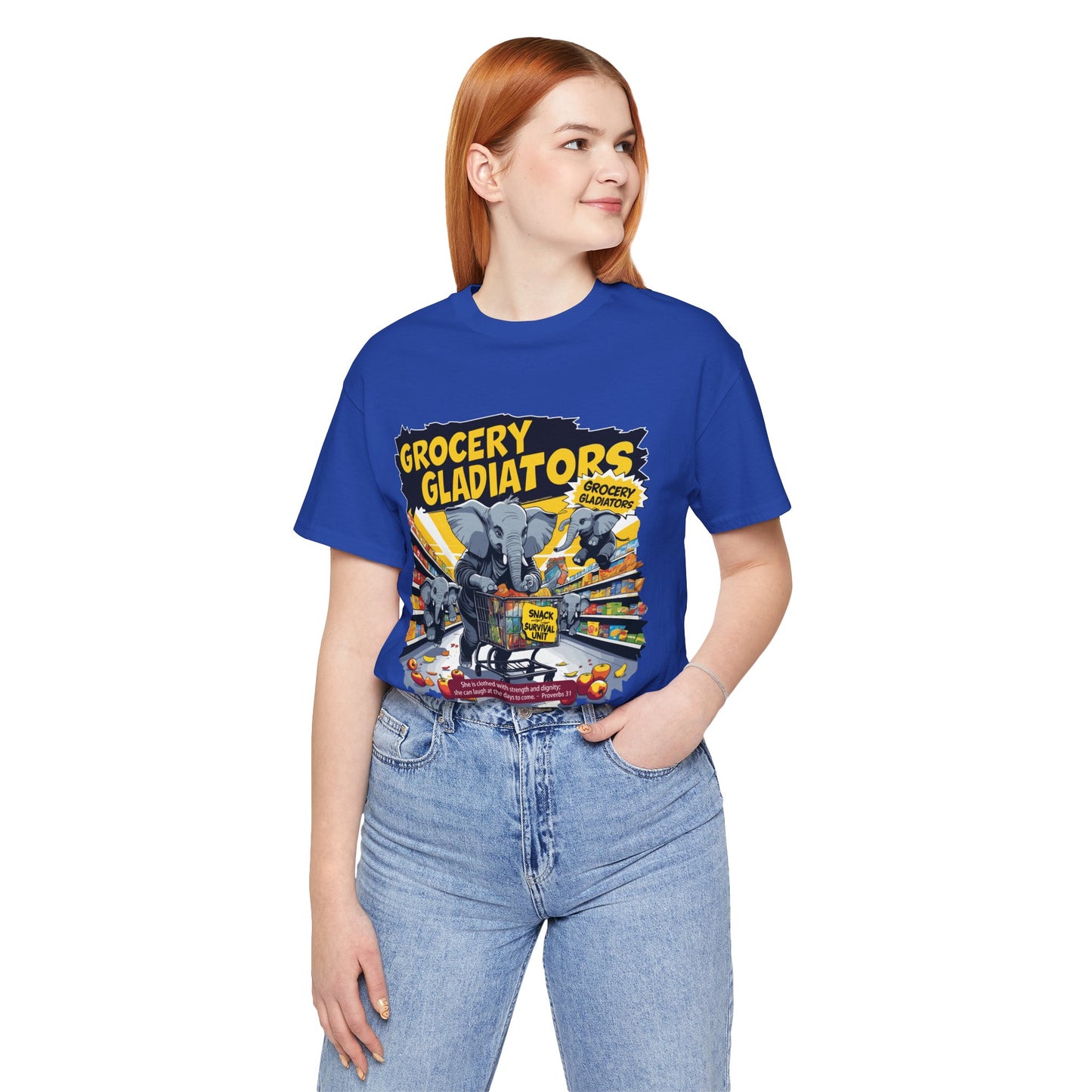 Grocery Gladiators T-shirt, Funny Elephant Mom, Comic Chaos, Parenting Humor