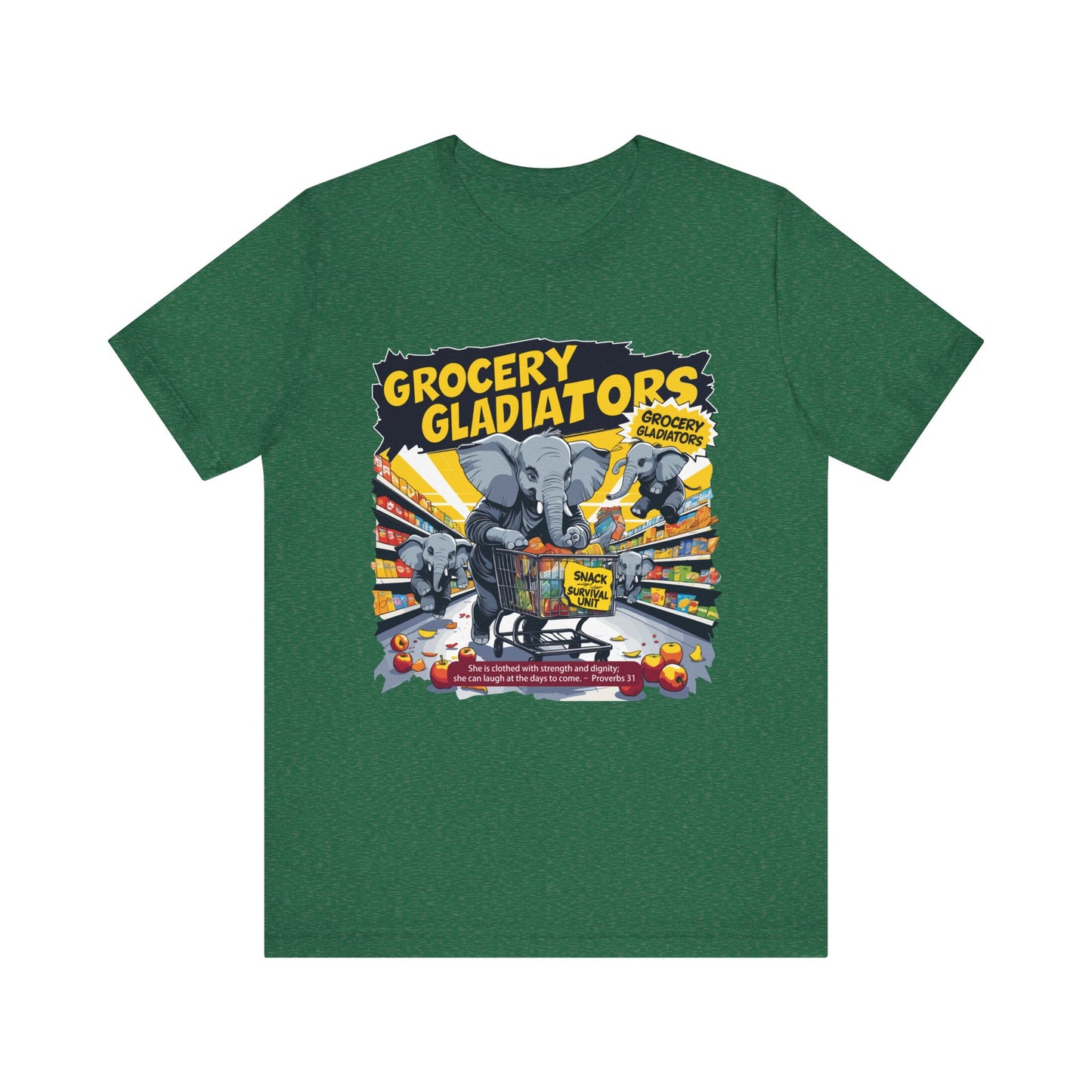 Grocery Gladiators T-shirt, Funny Elephant Mom, Comic Chaos, Parenting Humor