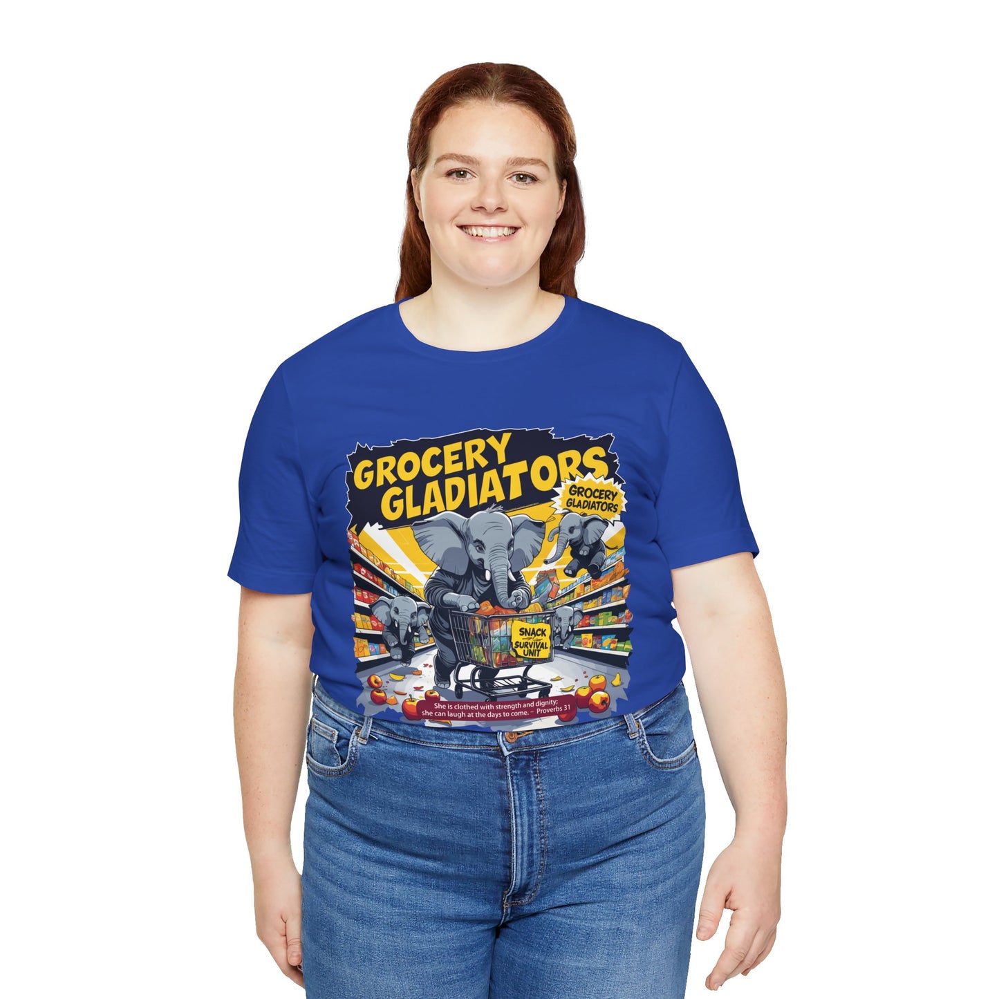 Grocery Gladiators T-shirt, Funny Elephant Mom, Comic Chaos, Parenting Humor