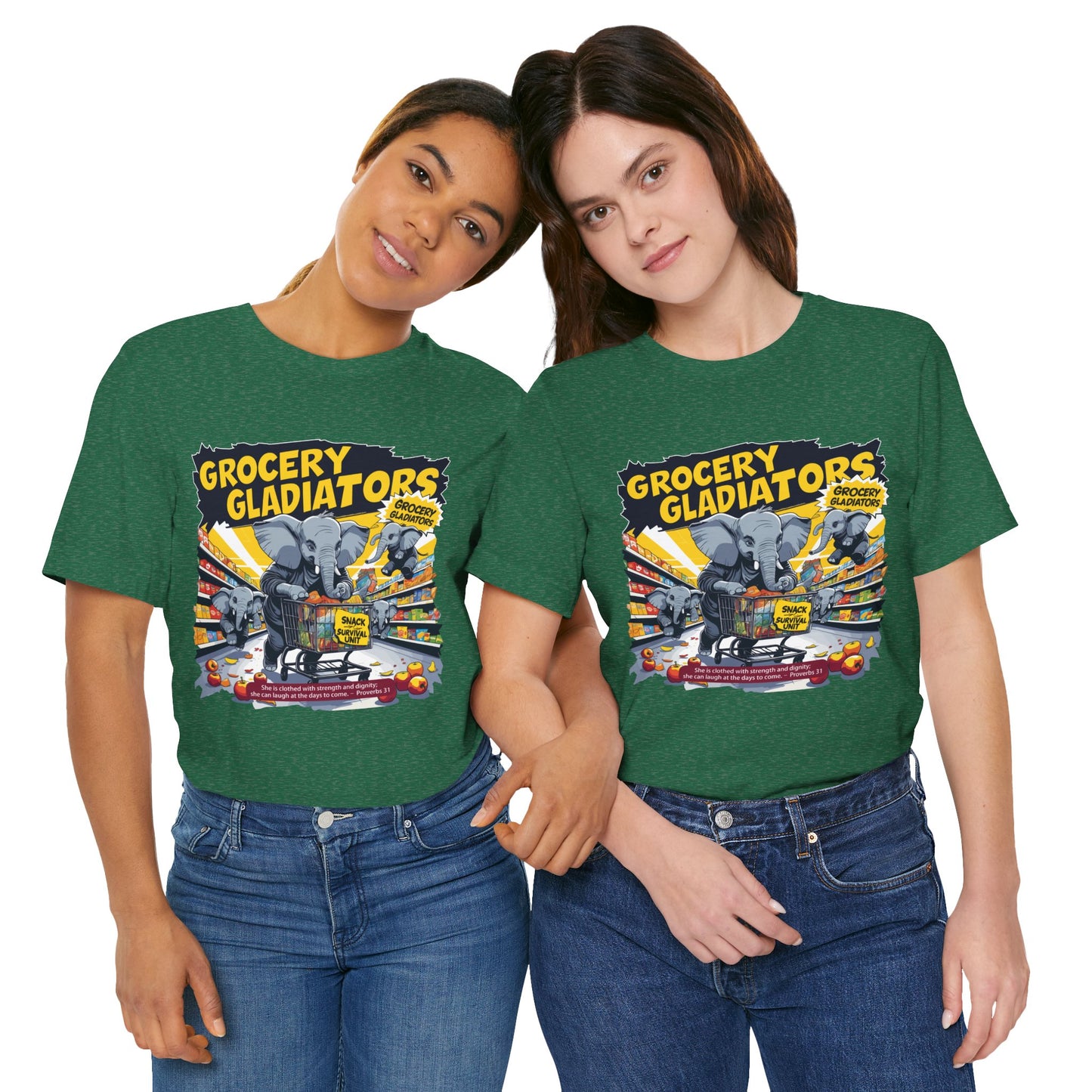Grocery Gladiators T-shirt, Funny Elephant Mom, Comic Chaos, Parenting Humor