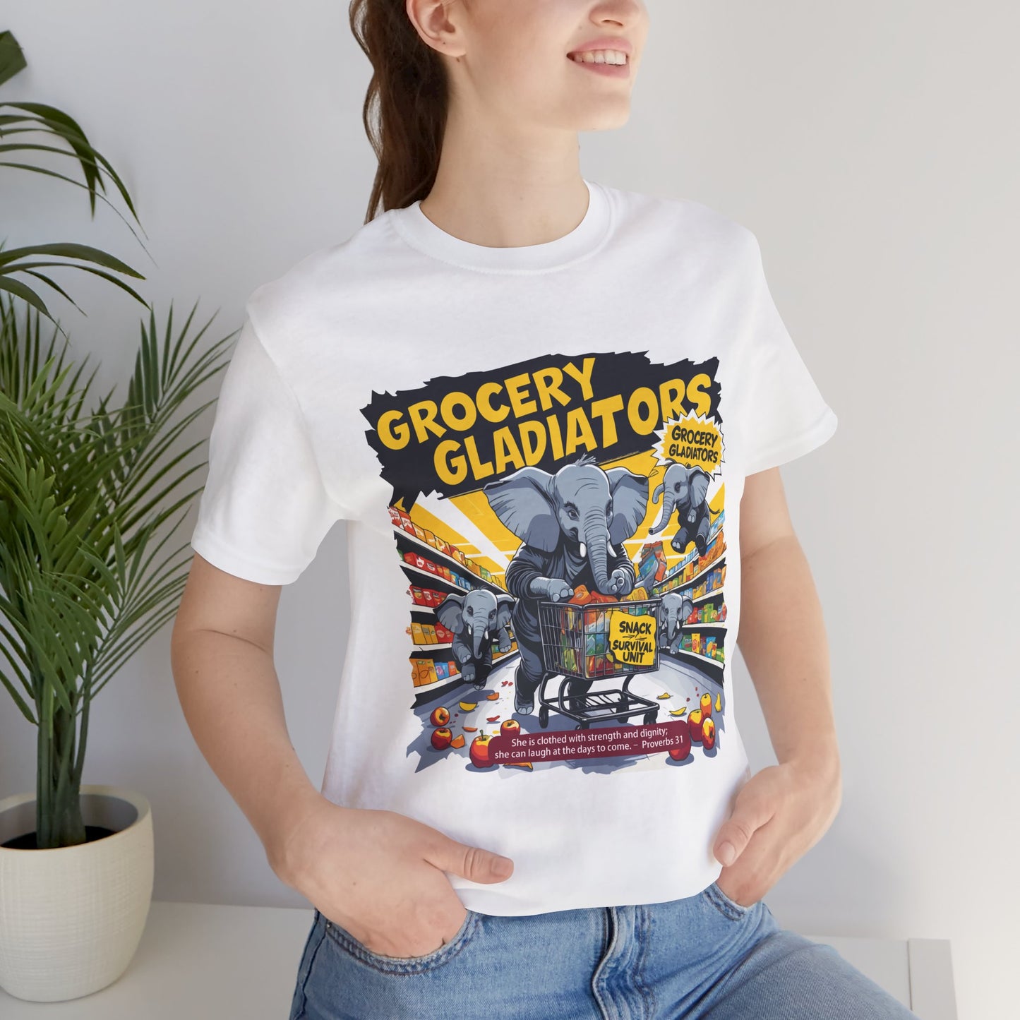 Grocery Gladiators T-shirt, Funny Elephant Mom, Comic Chaos, Parenting Humor