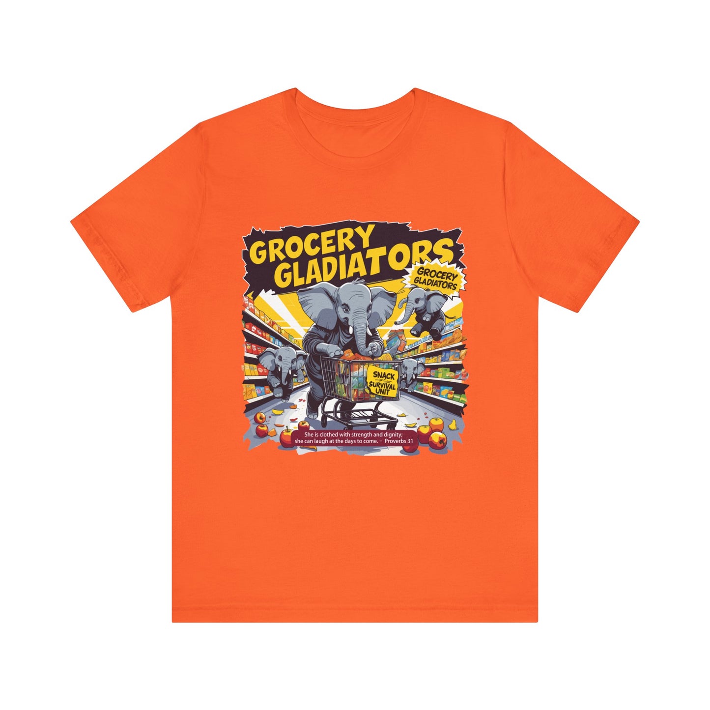 Grocery Gladiators T-shirt, Funny Elephant Mom, Comic Chaos, Parenting Humor