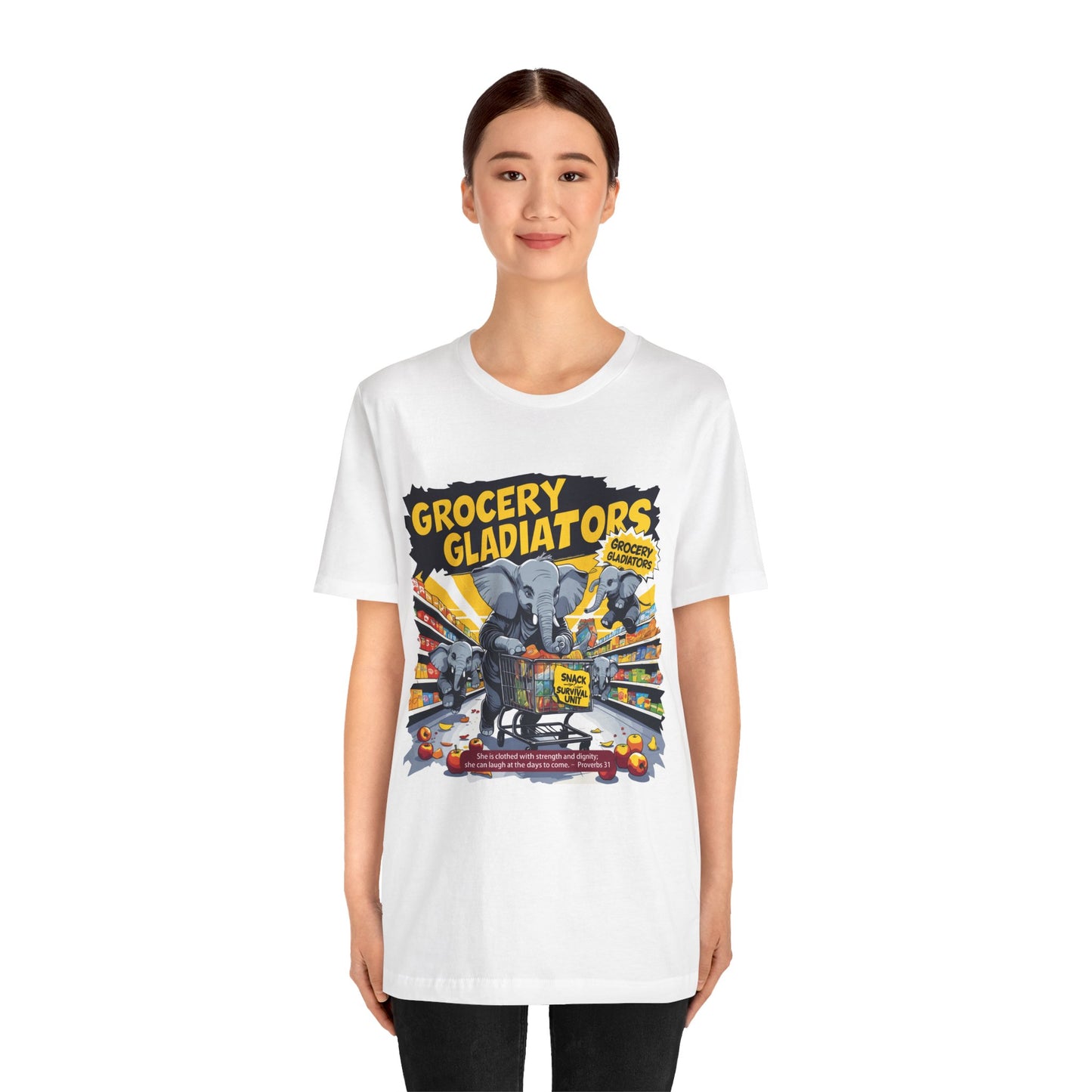Grocery Gladiators T-shirt, Funny Elephant Mom, Comic Chaos, Parenting Humor