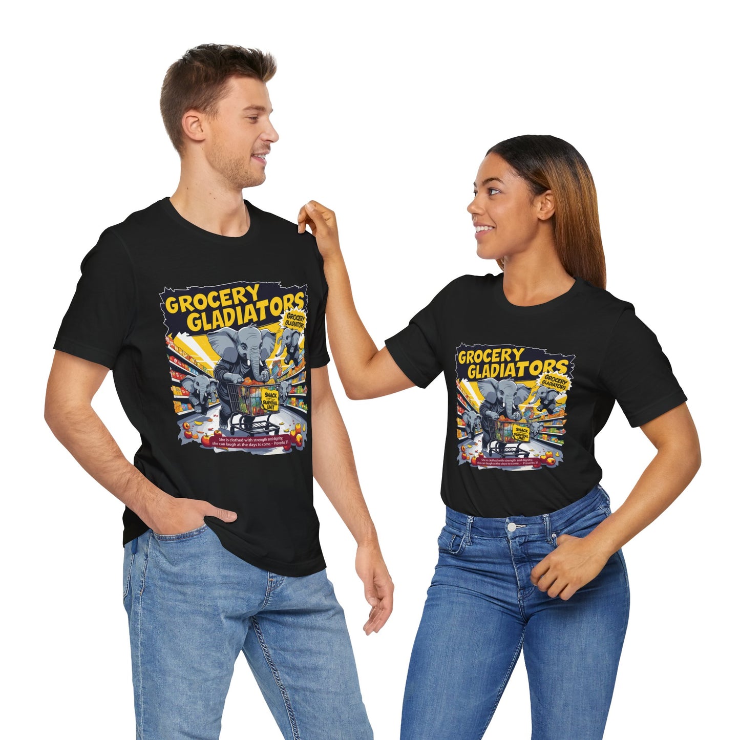 Grocery Gladiators T-shirt, Funny Elephant Mom, Comic Chaos, Parenting Humor
