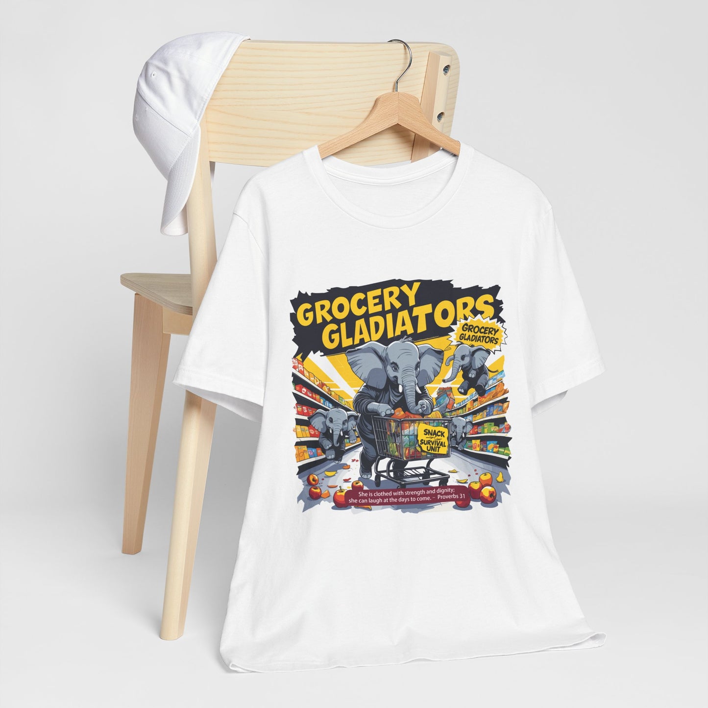 Grocery Gladiators T-shirt, Funny Elephant Mom, Comic Chaos, Parenting Humor