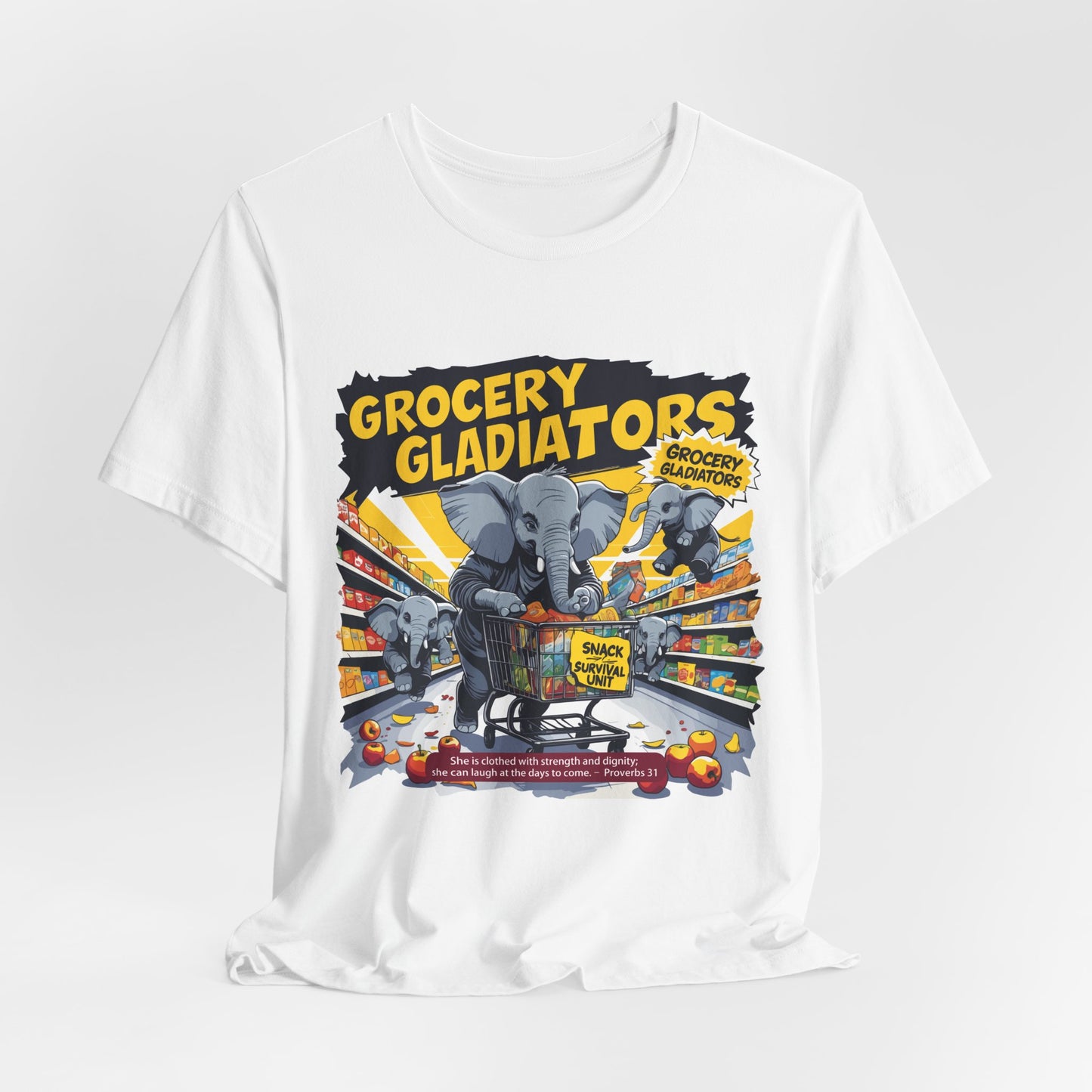 Grocery Gladiators T-shirt, Funny Elephant Mom, Comic Chaos, Parenting Humor