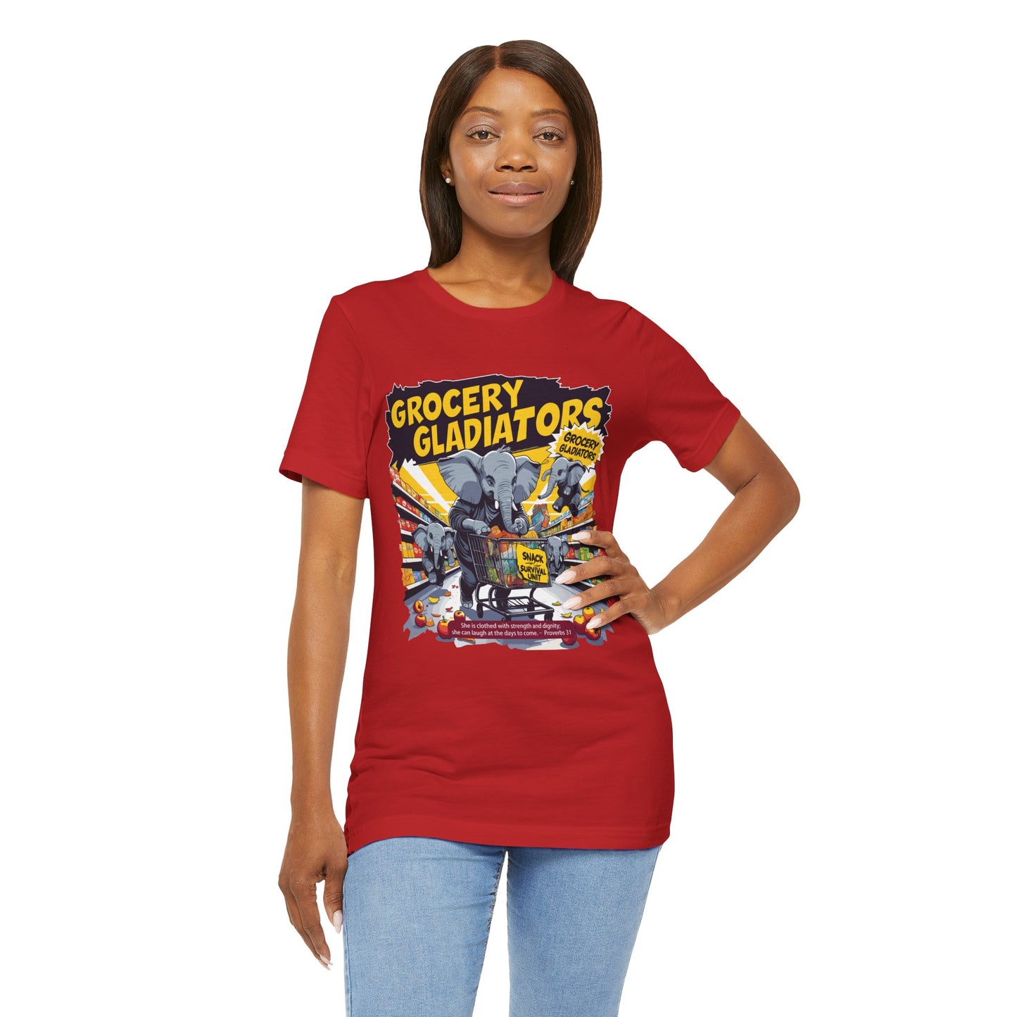 Grocery Gladiators T-shirt, Funny Elephant Mom, Comic Chaos, Parenting Humor