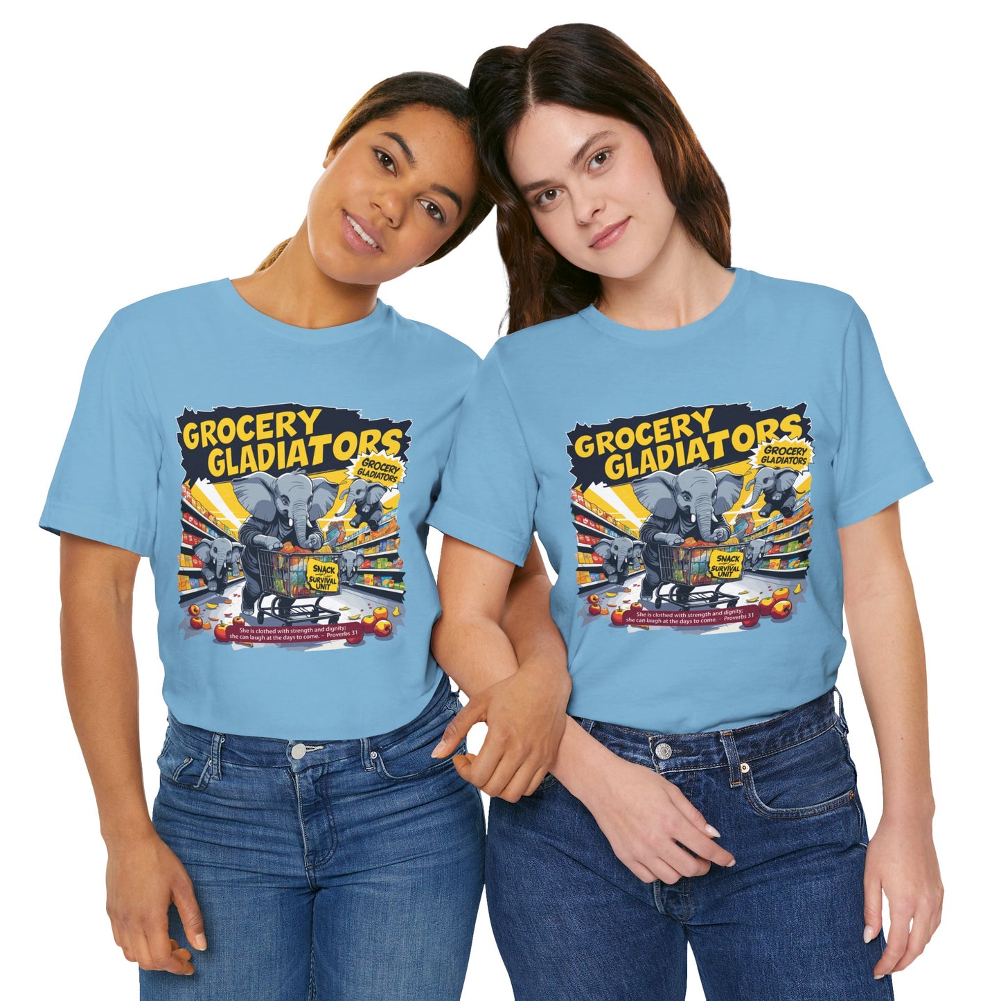 Grocery Gladiators T-shirt, Funny Elephant Mom, Comic Chaos, Parenting Humor