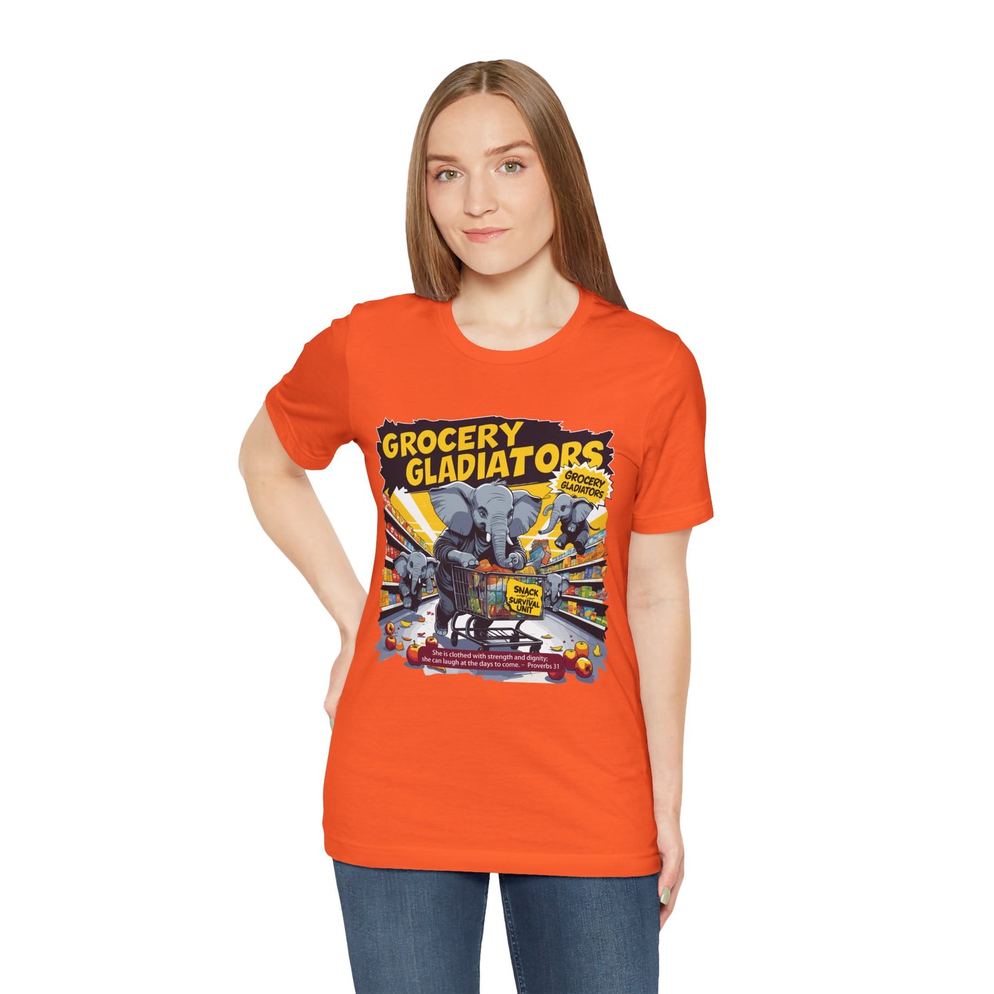 Grocery Gladiators T-shirt, Funny Elephant Mom, Comic Chaos, Parenting Humor
