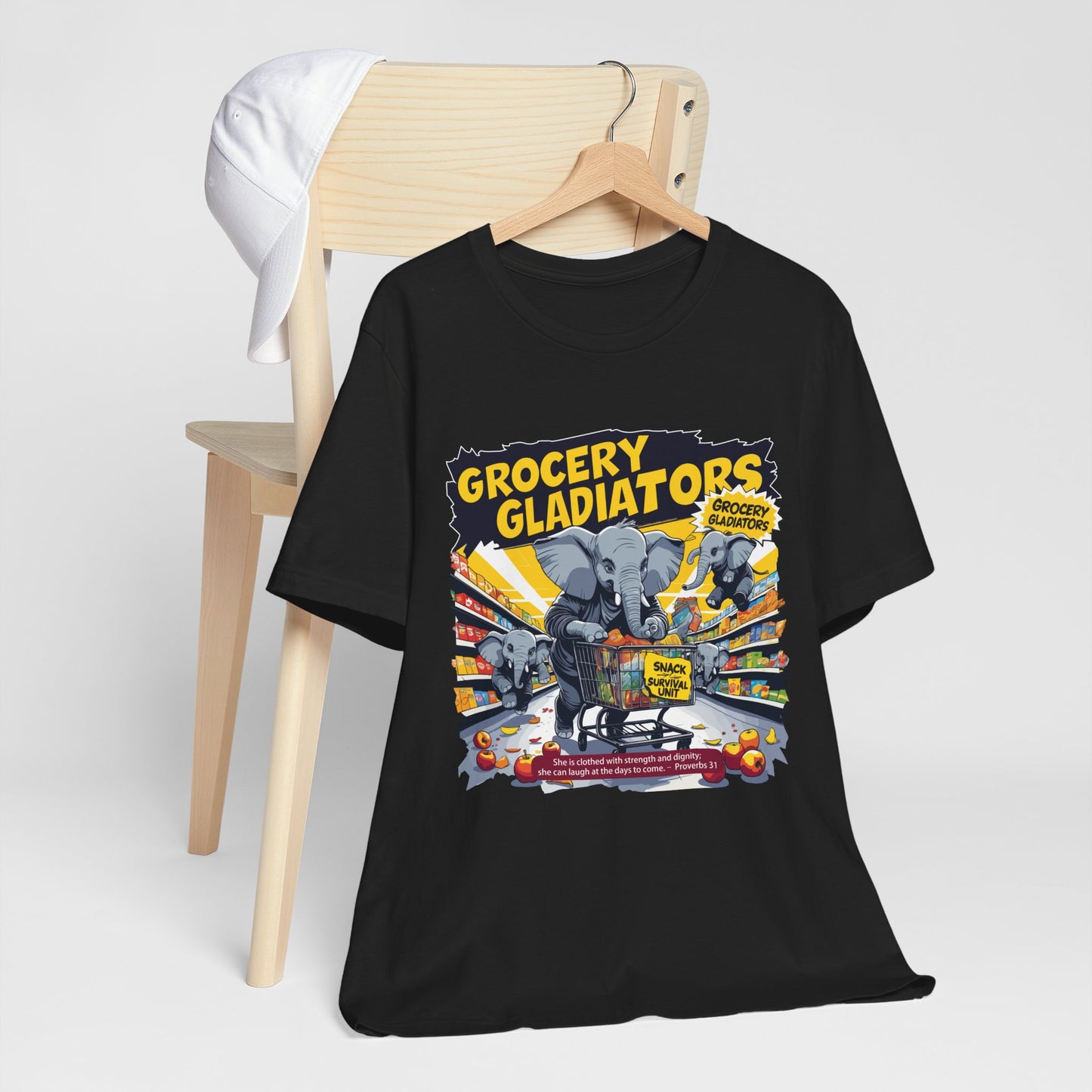 Grocery Gladiators T-shirt, Funny Elephant Mom, Comic Chaos, Parenting Humor