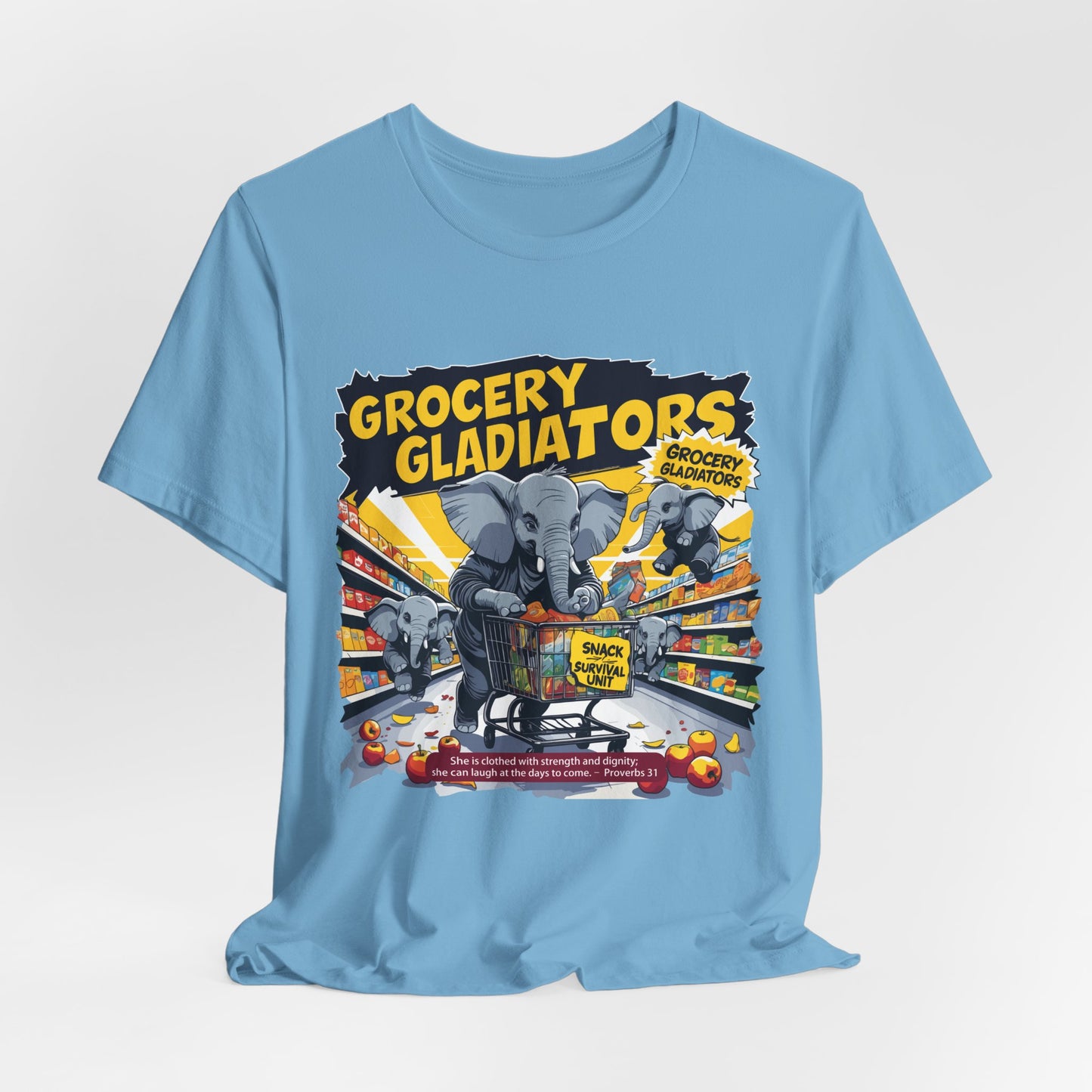Grocery Gladiators T-shirt, Funny Elephant Mom, Comic Chaos, Parenting Humor