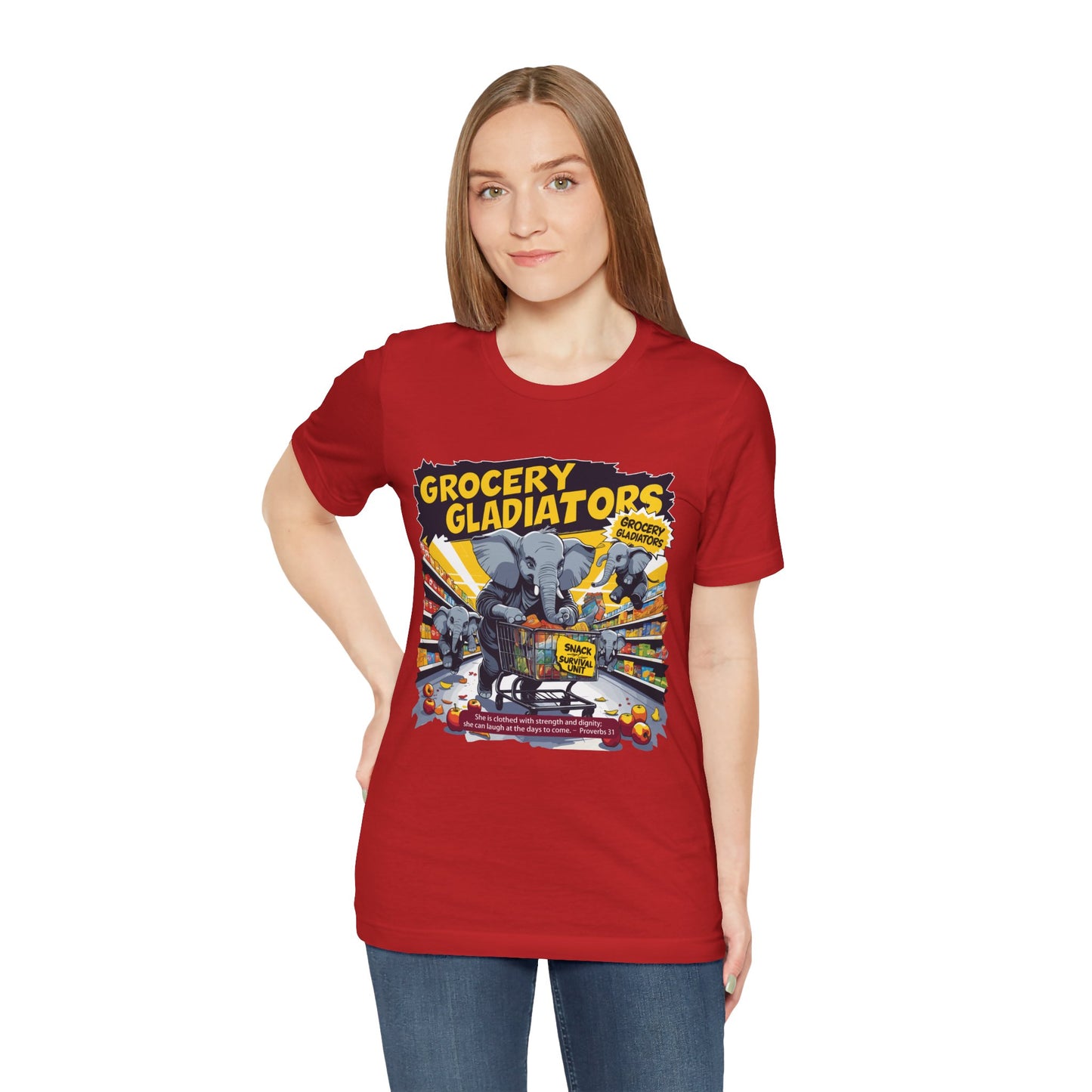 Grocery Gladiators T-shirt, Funny Elephant Mom, Comic Chaos, Parenting Humor