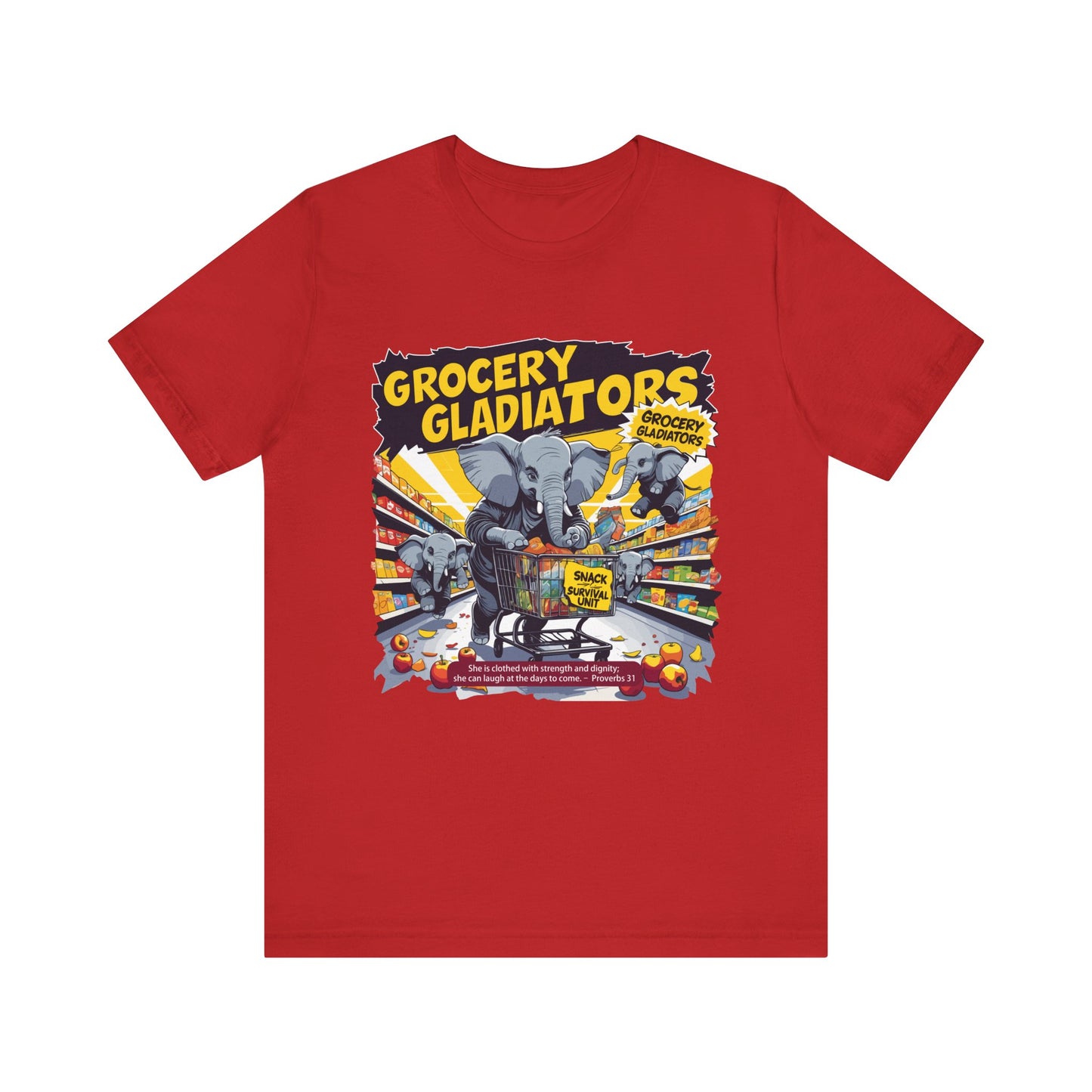 Grocery Gladiators T-shirt, Funny Elephant Mom, Comic Chaos, Parenting Humor