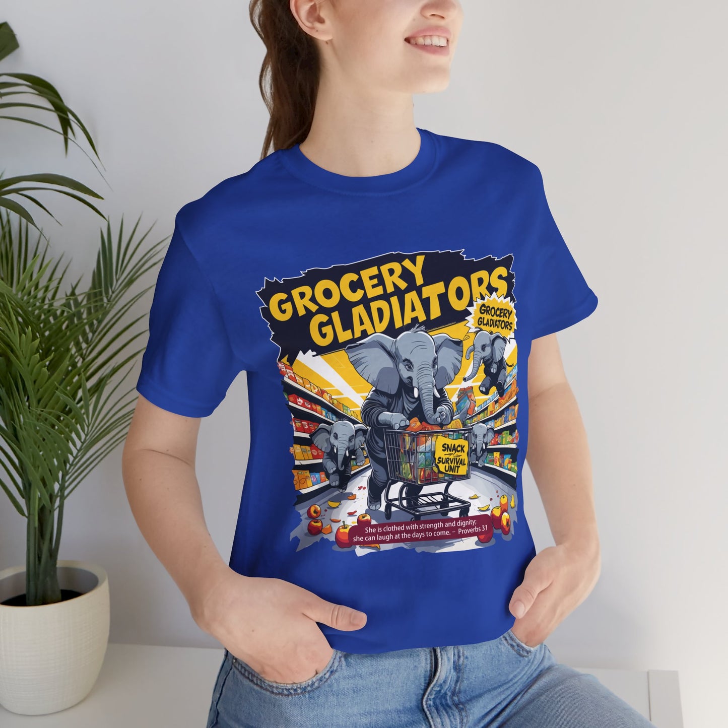 Grocery Gladiators T-shirt, Funny Elephant Mom, Comic Chaos, Parenting Humor