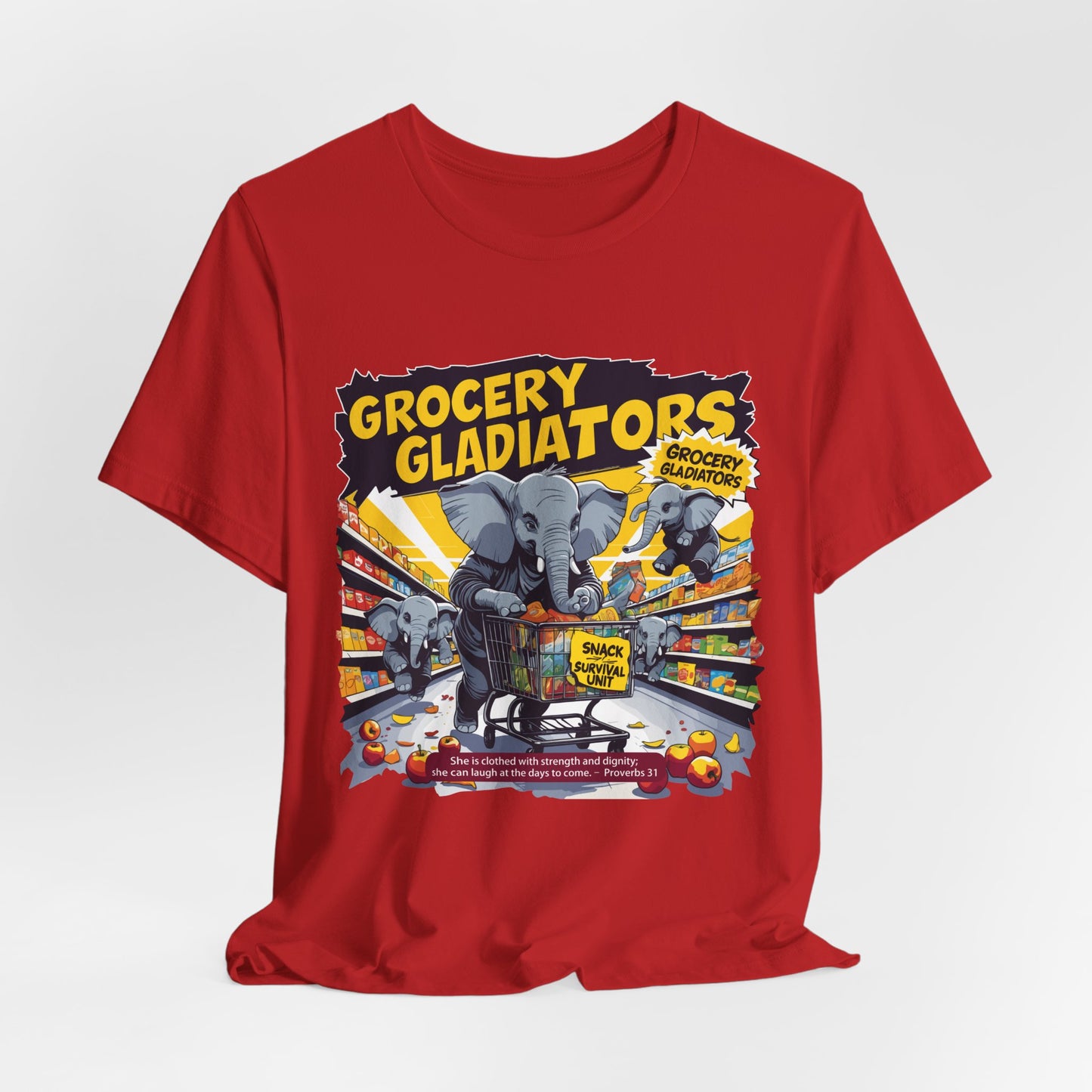 Grocery Gladiators T-shirt, Funny Elephant Mom, Comic Chaos, Parenting Humor