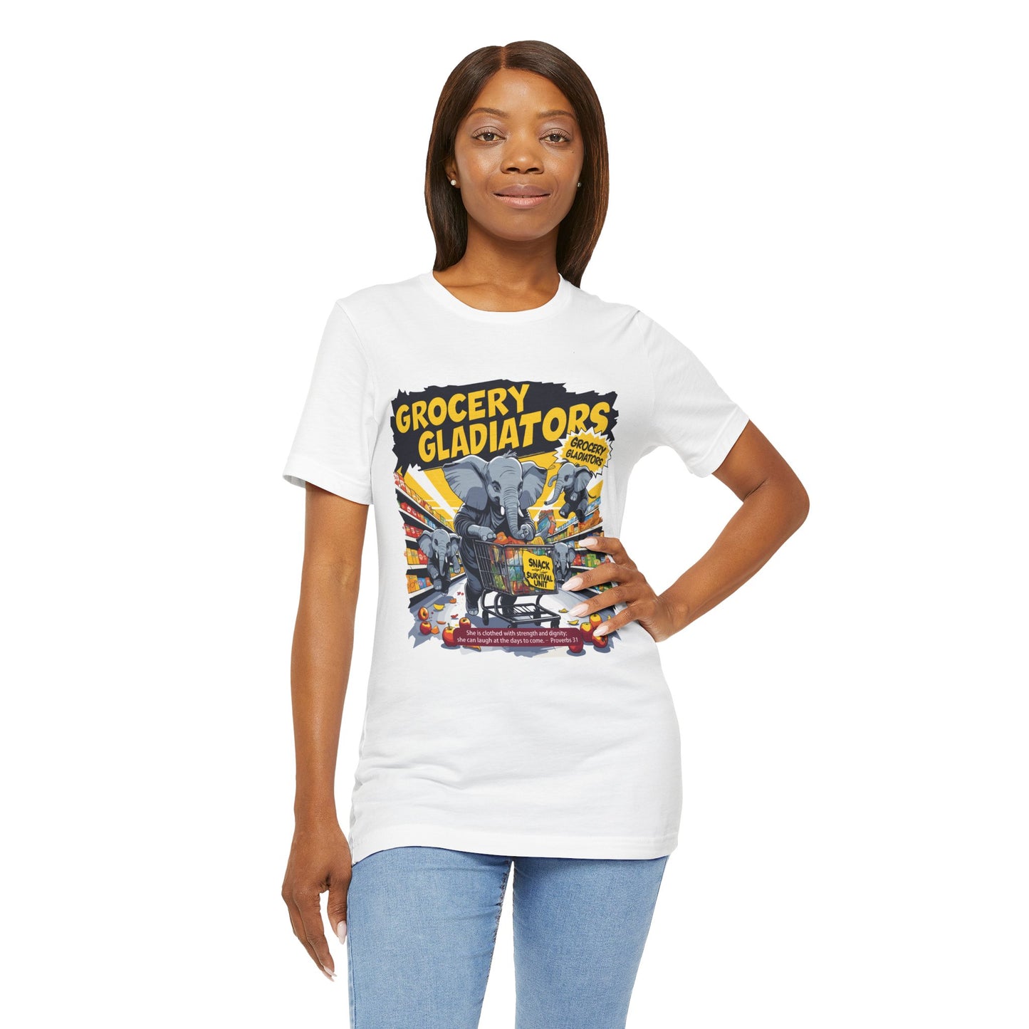 Grocery Gladiators T-shirt, Funny Elephant Mom, Comic Chaos, Parenting Humor