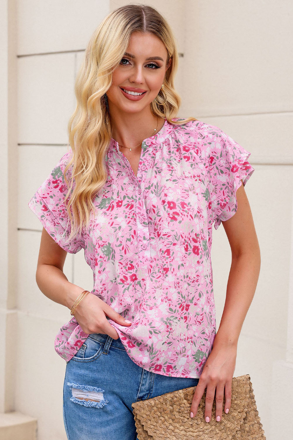 Floral Half-Button Flutter Sleeve Blouse