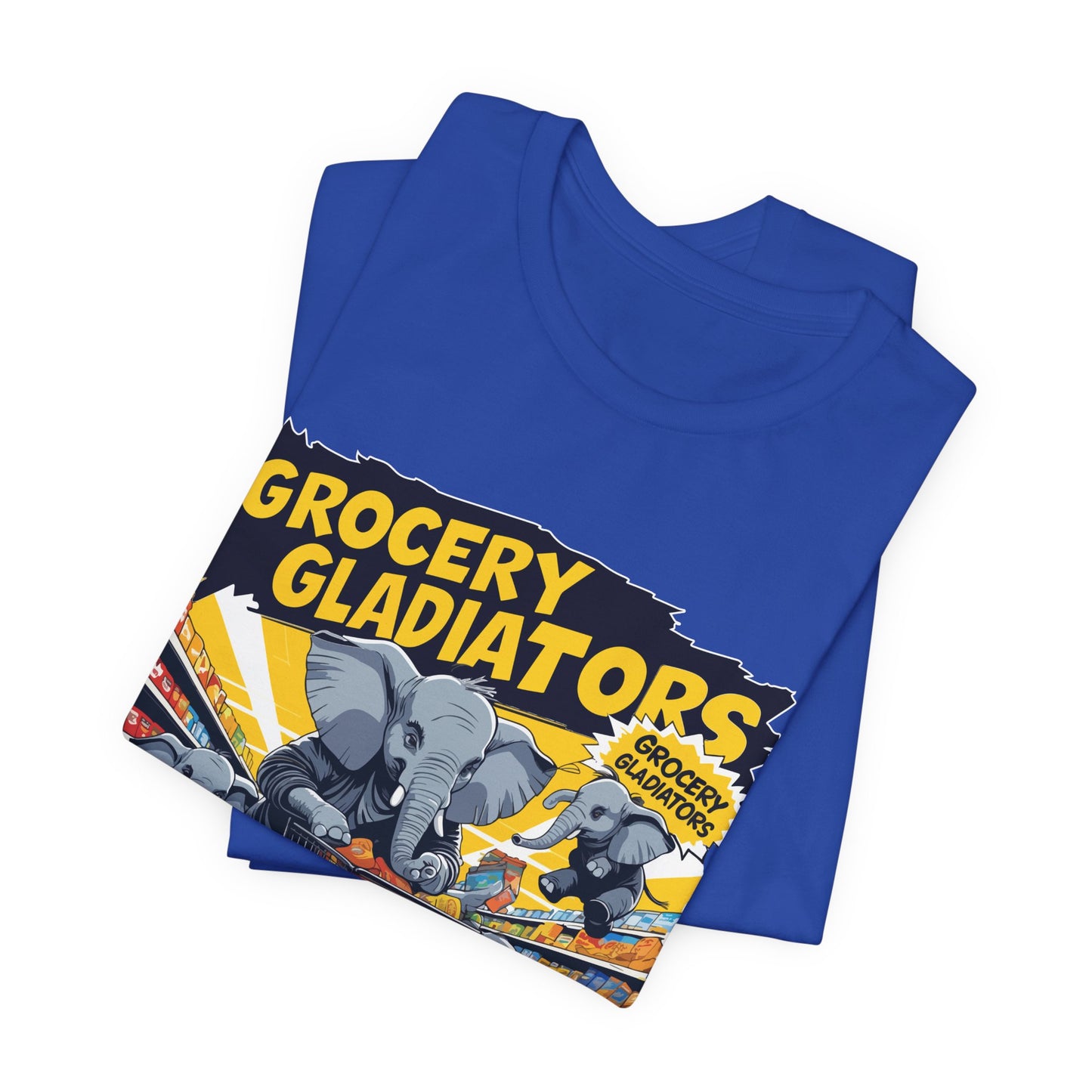 Grocery Gladiators T-shirt, Funny Elephant Mom, Comic Chaos, Parenting Humor