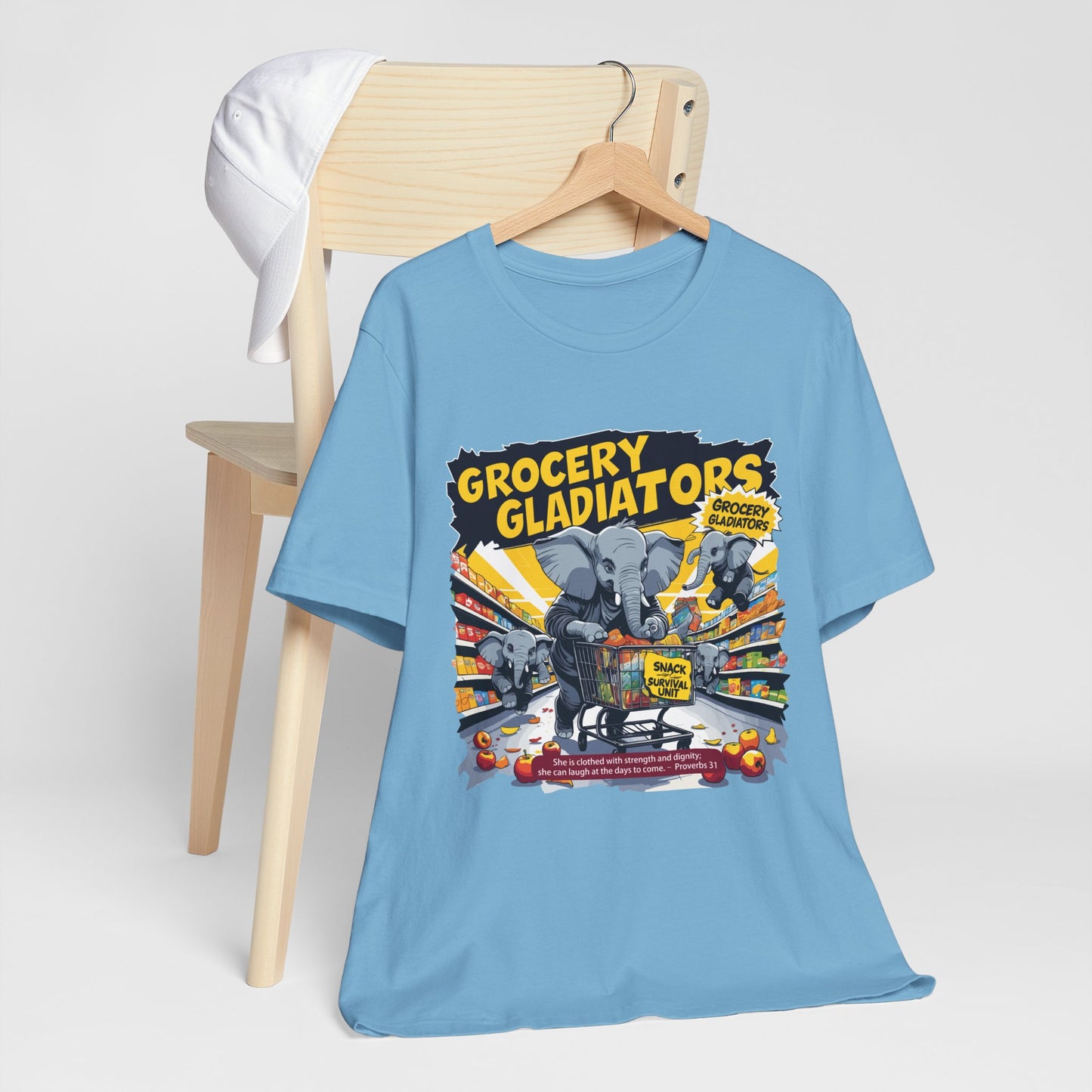 Grocery Gladiators T-shirt, Funny Elephant Mom, Comic Chaos, Parenting Humor