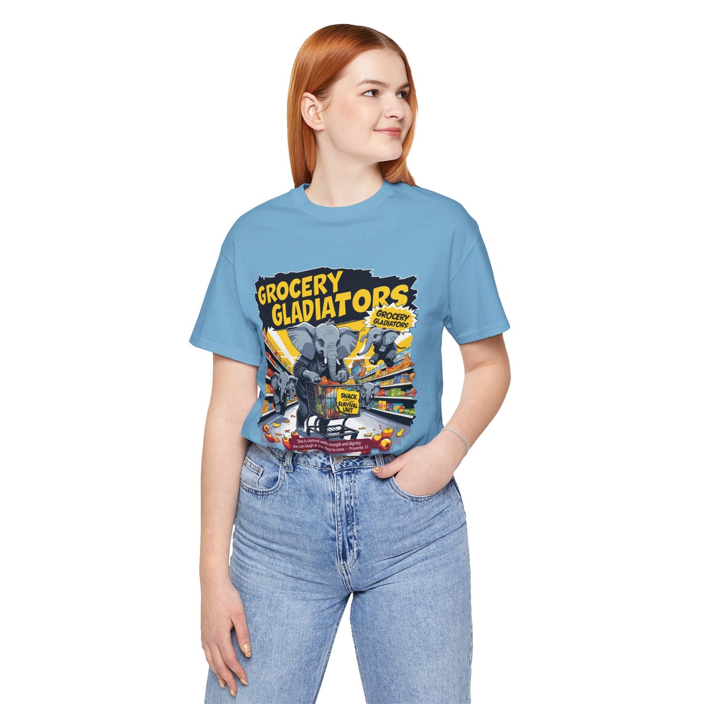 Grocery Gladiators T-shirt, Funny Elephant Mom, Comic Chaos, Parenting Humor