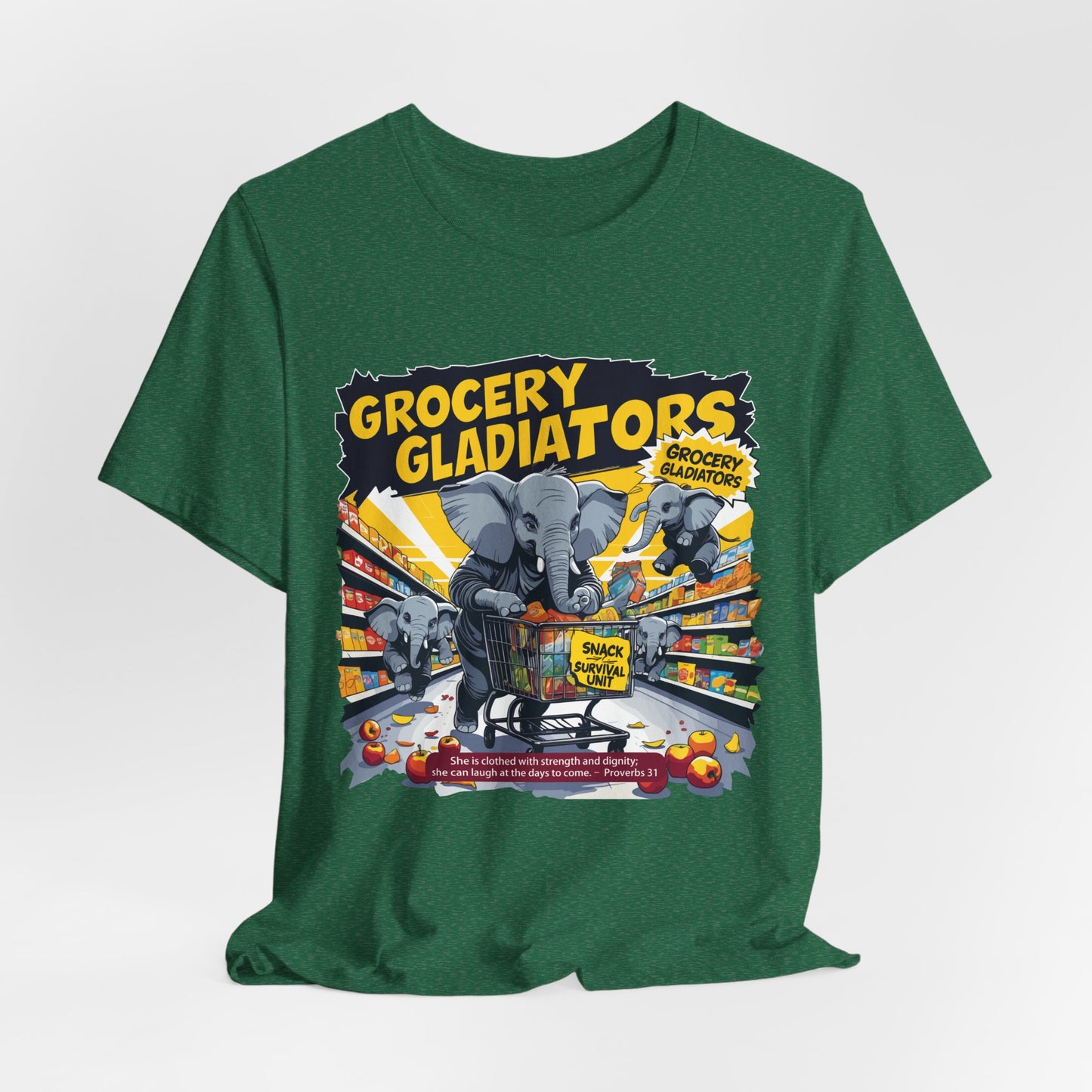 Grocery Gladiators T-shirt, Funny Elephant Mom, Comic Chaos, Parenting Humor