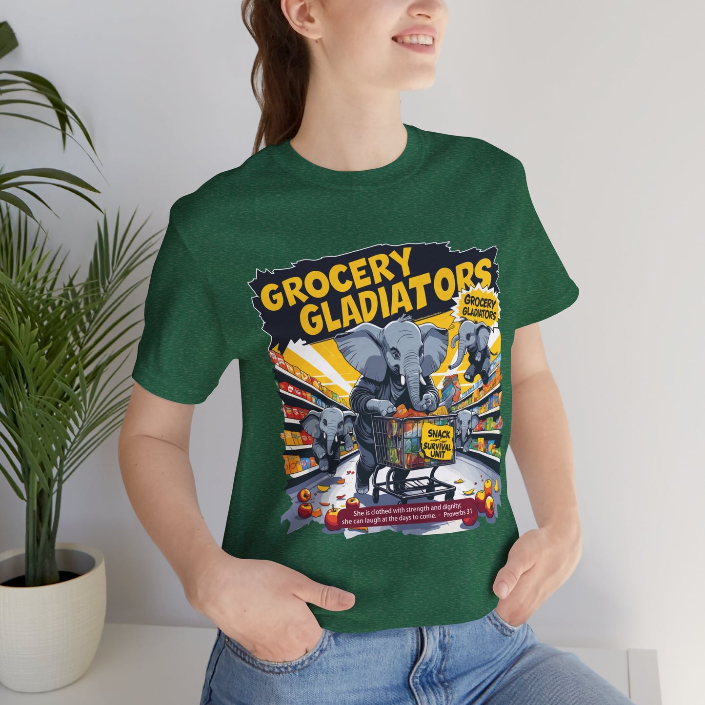 Grocery Gladiators T-shirt, Funny Elephant Mom, Comic Chaos, Parenting Humor
