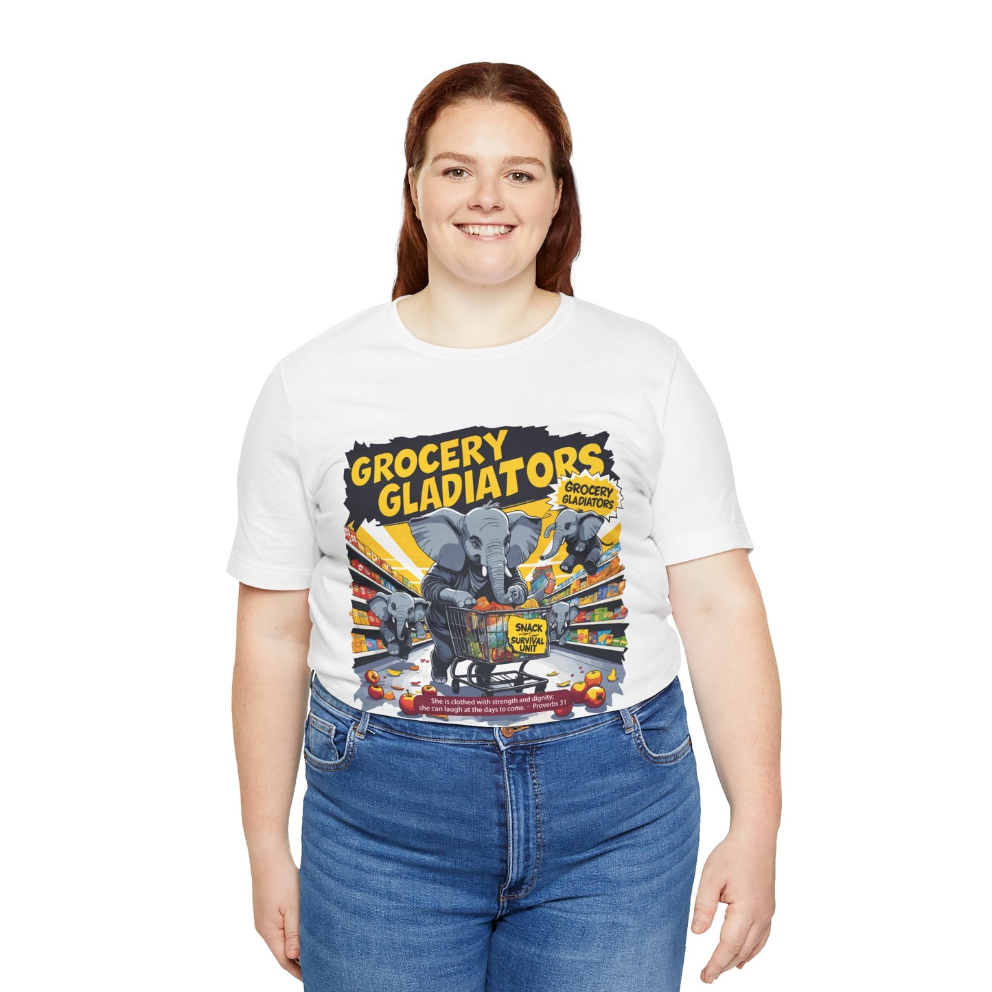 Grocery Gladiators T-shirt, Funny Elephant Mom, Comic Chaos, Parenting Humor