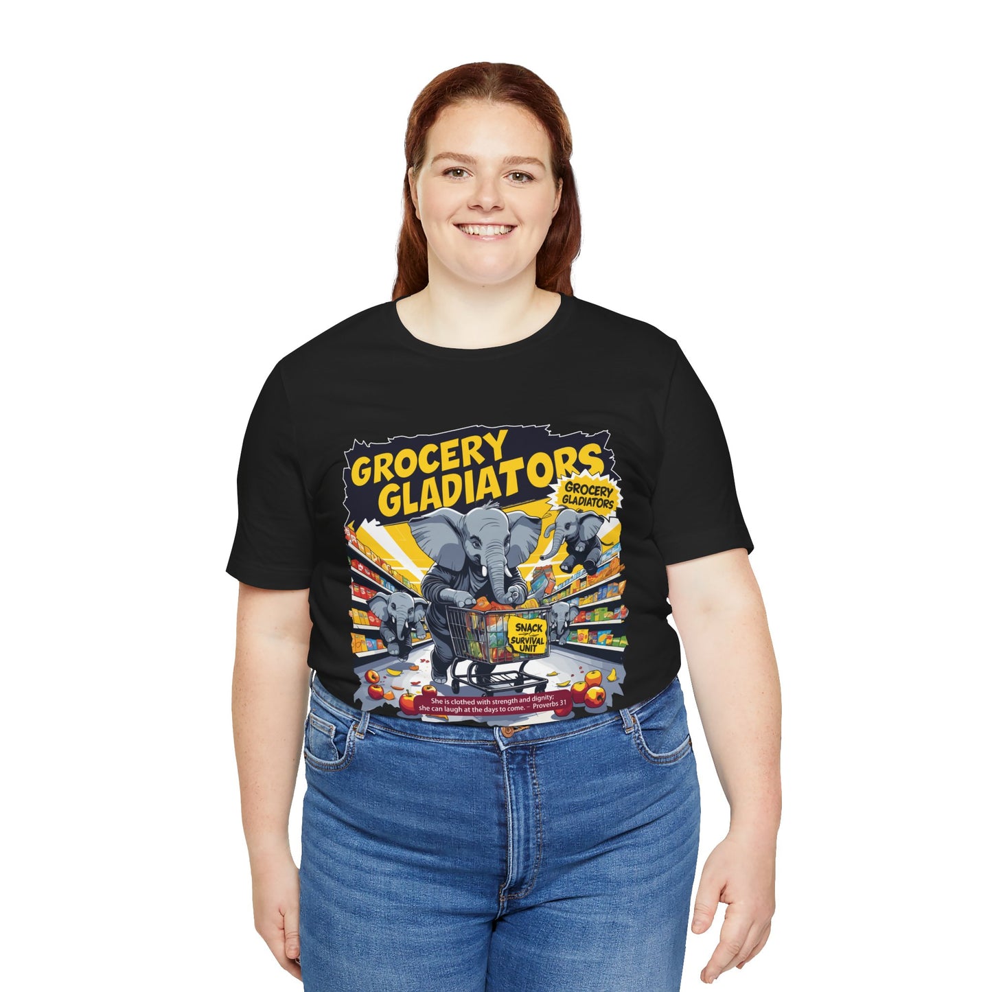 Grocery Gladiators T-shirt, Funny Elephant Mom, Comic Chaos, Parenting Humor