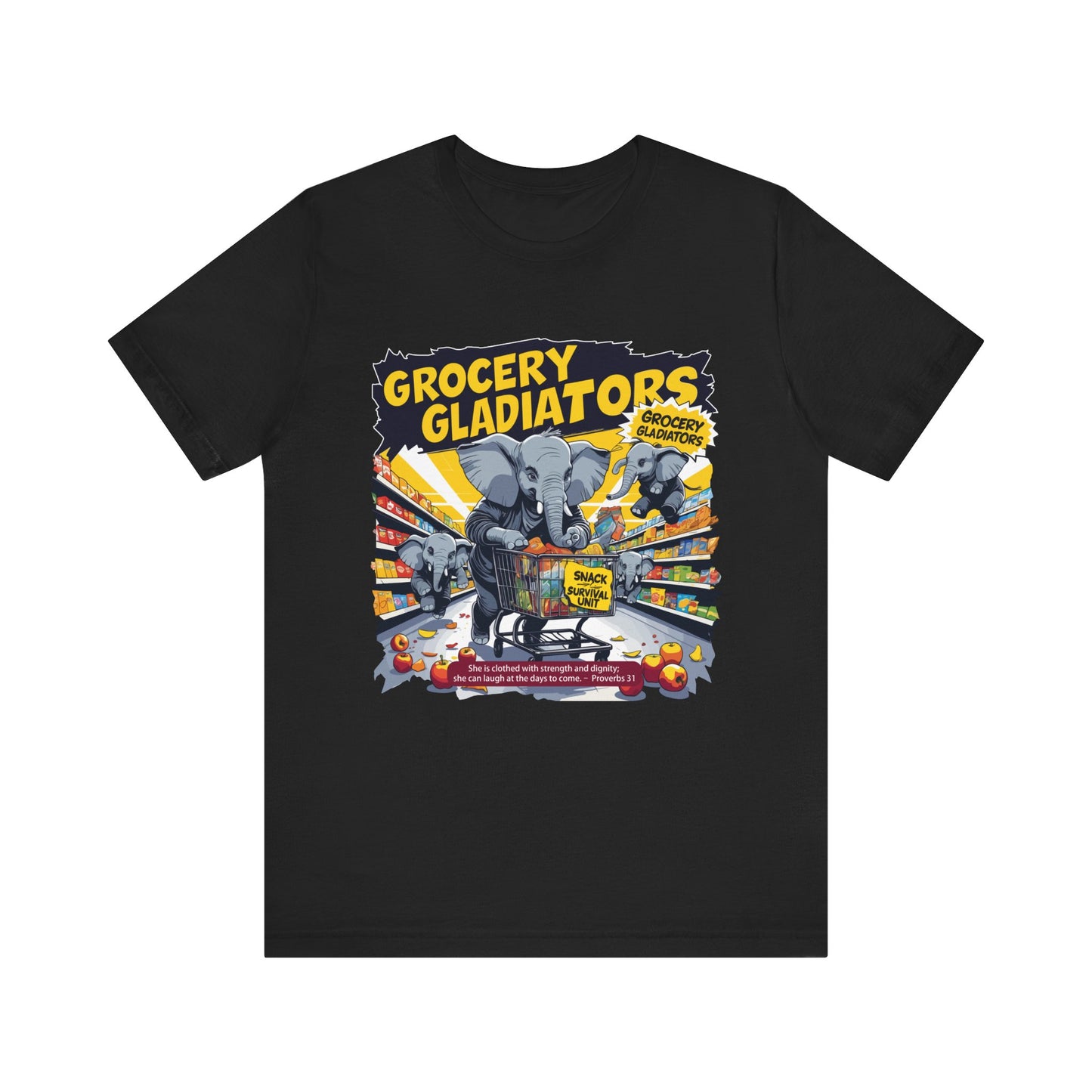 Grocery Gladiators T-shirt, Funny Elephant Mom, Comic Chaos, Parenting Humor