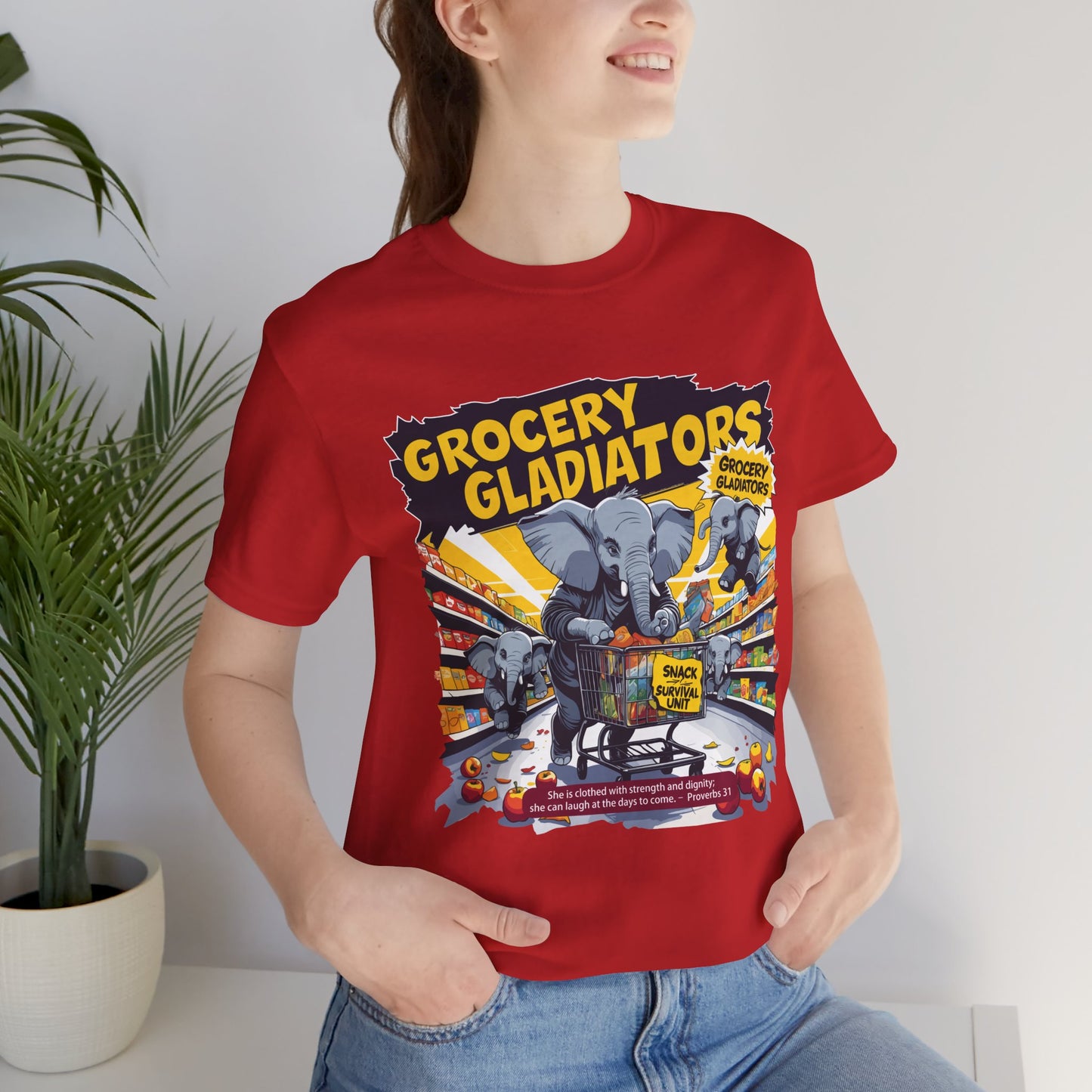 Grocery Gladiators T-shirt, Funny Elephant Mom, Comic Chaos, Parenting Humor