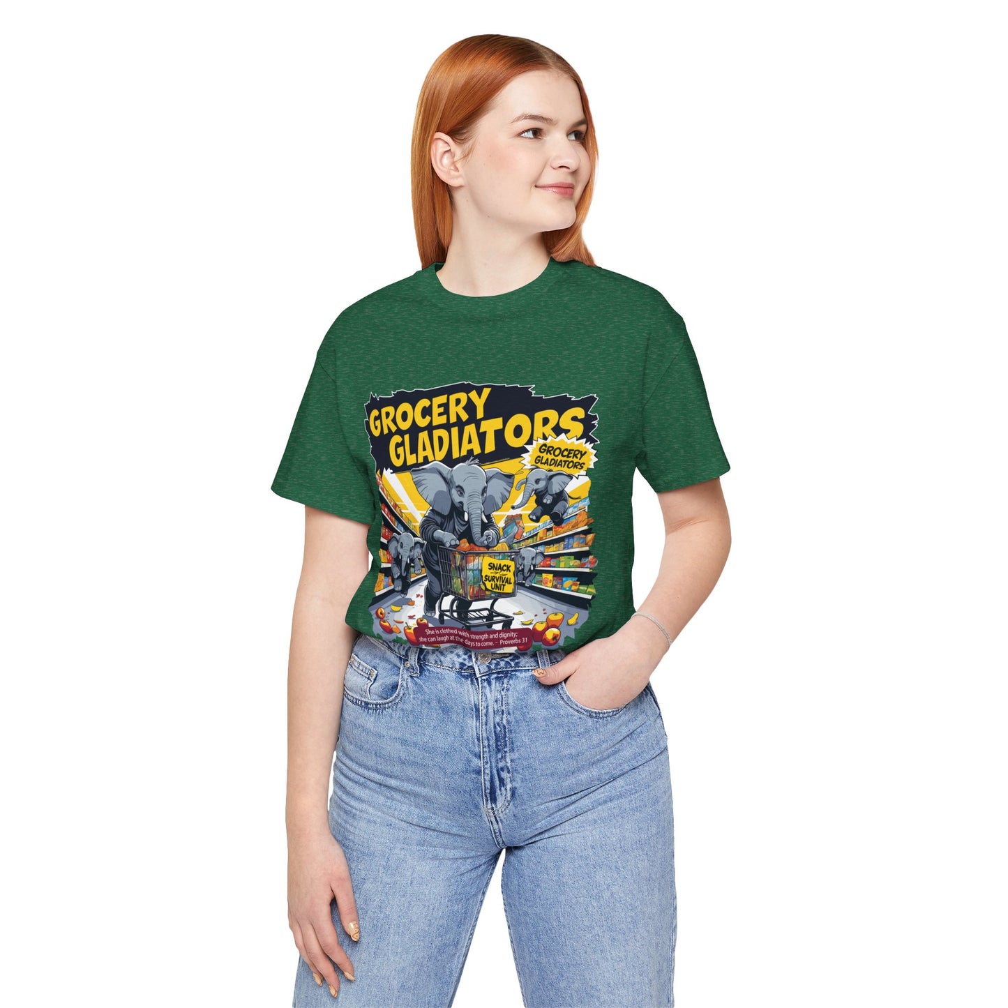 Grocery Gladiators T-shirt, Funny Elephant Mom, Comic Chaos, Parenting Humor