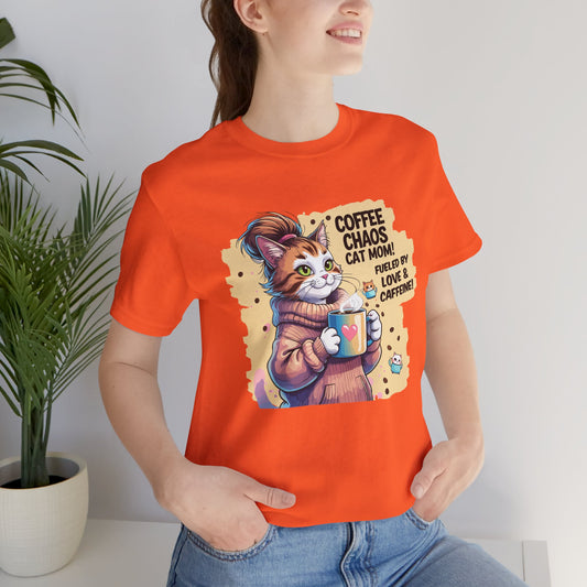 Cat Mom T-shirt, Coffee Chaos, Cozy Humor Gift, Caffeine Lover Tee