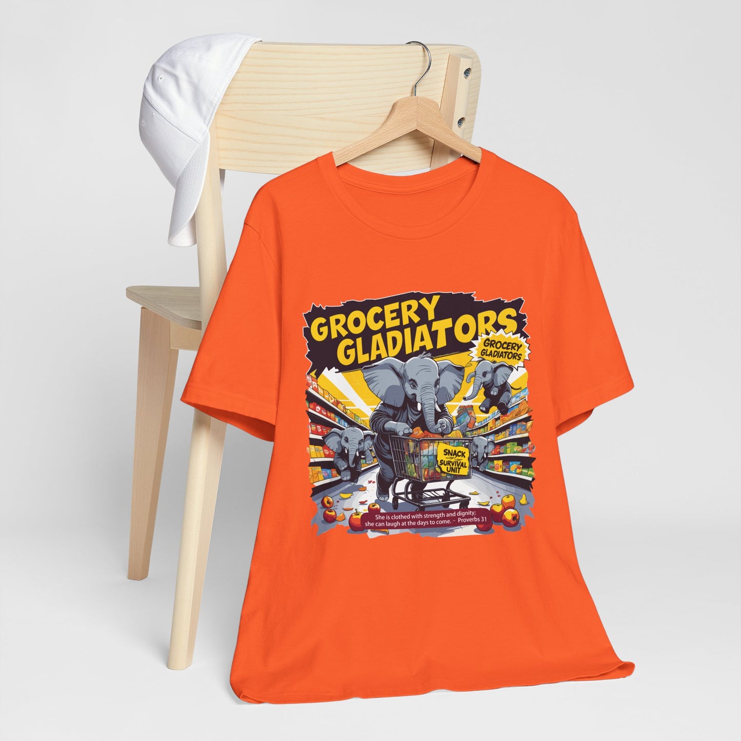 Grocery Gladiators T-shirt, Funny Elephant Mom, Comic Chaos, Parenting Humor