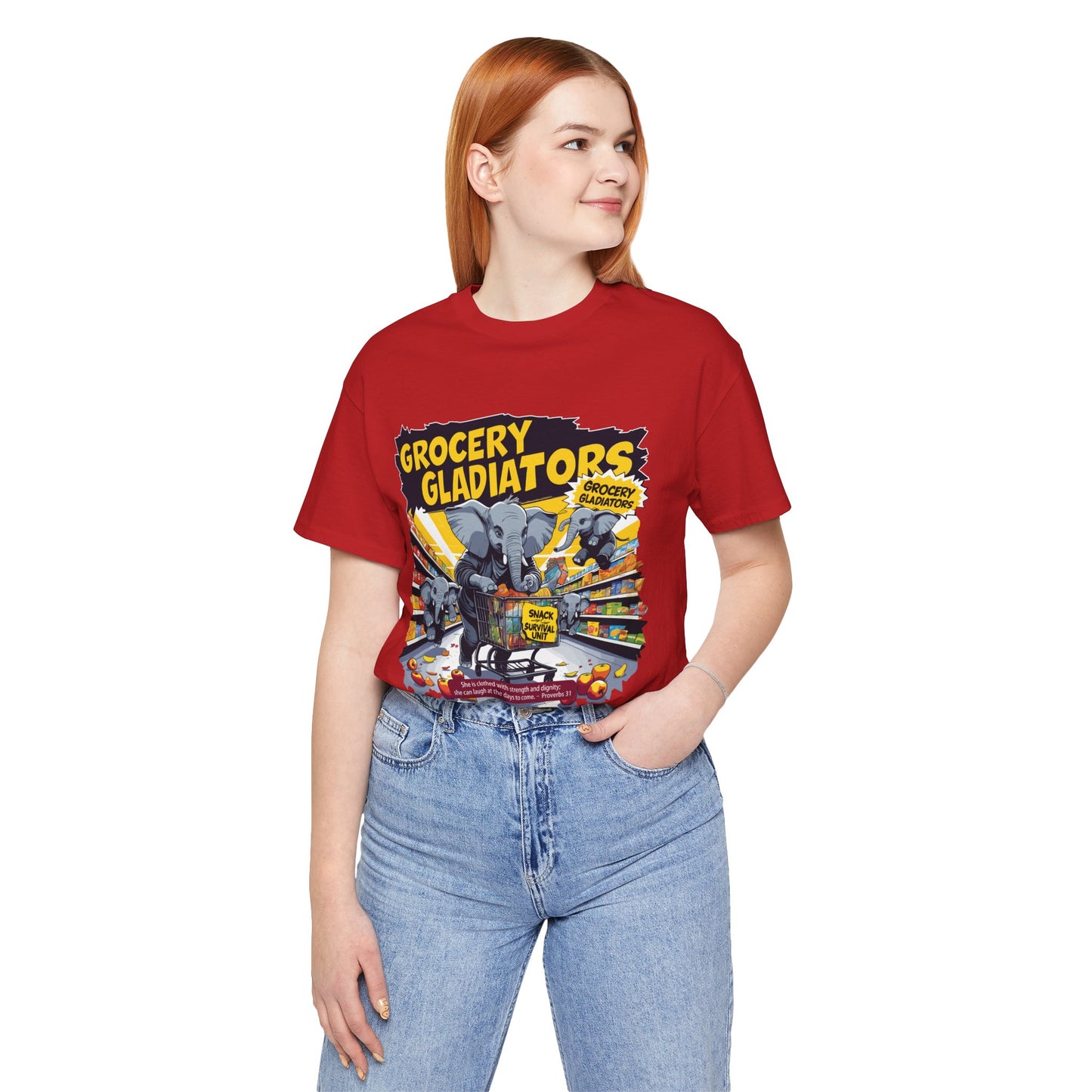 Grocery Gladiators T-shirt, Funny Elephant Mom, Comic Chaos, Parenting Humor