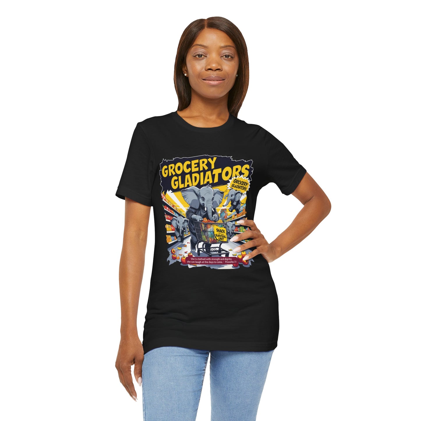 Grocery Gladiators T-shirt, Funny Elephant Mom, Comic Chaos, Parenting Humor