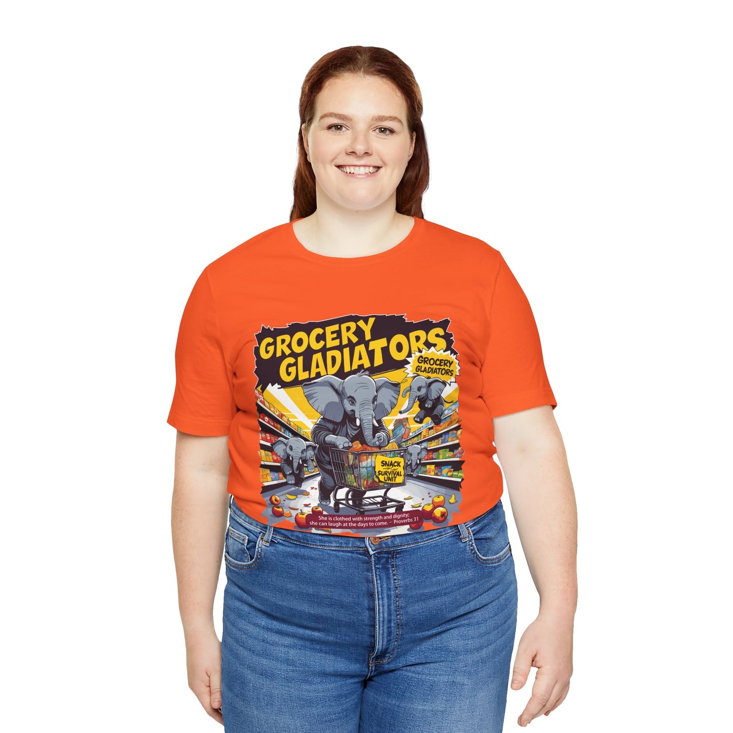 Grocery Gladiators T-shirt, Funny Elephant Mom, Comic Chaos, Parenting Humor