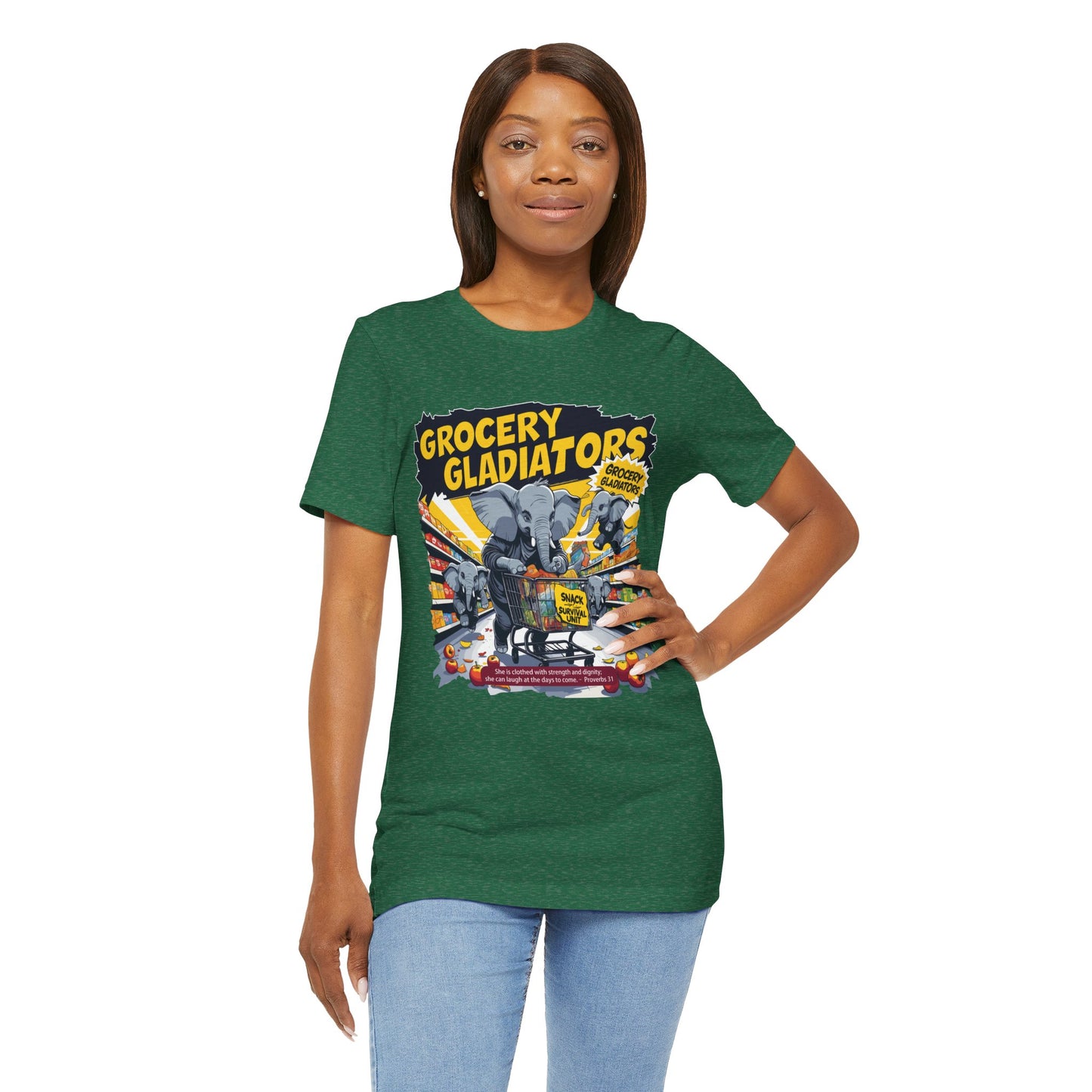 Grocery Gladiators T-shirt, Funny Elephant Mom, Comic Chaos, Parenting Humor