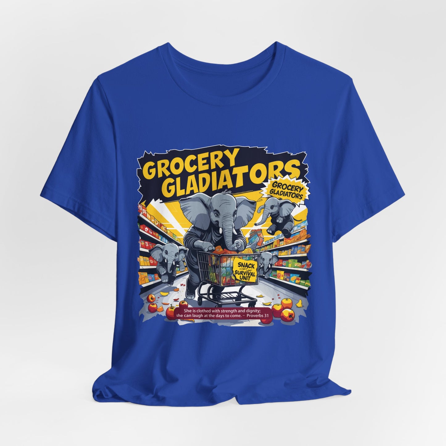 Grocery Gladiators T-shirt, Funny Elephant Mom, Comic Chaos, Parenting Humor